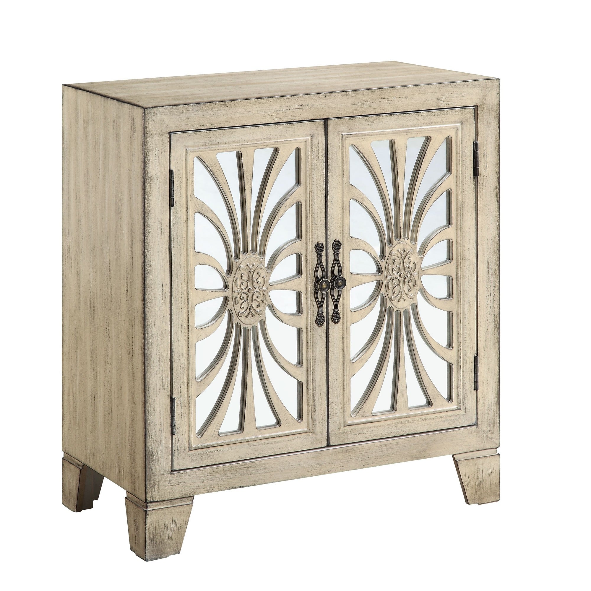 Manhattan Lane - Console Table with 2 Glass Doors and Floral Motif, Antique - White