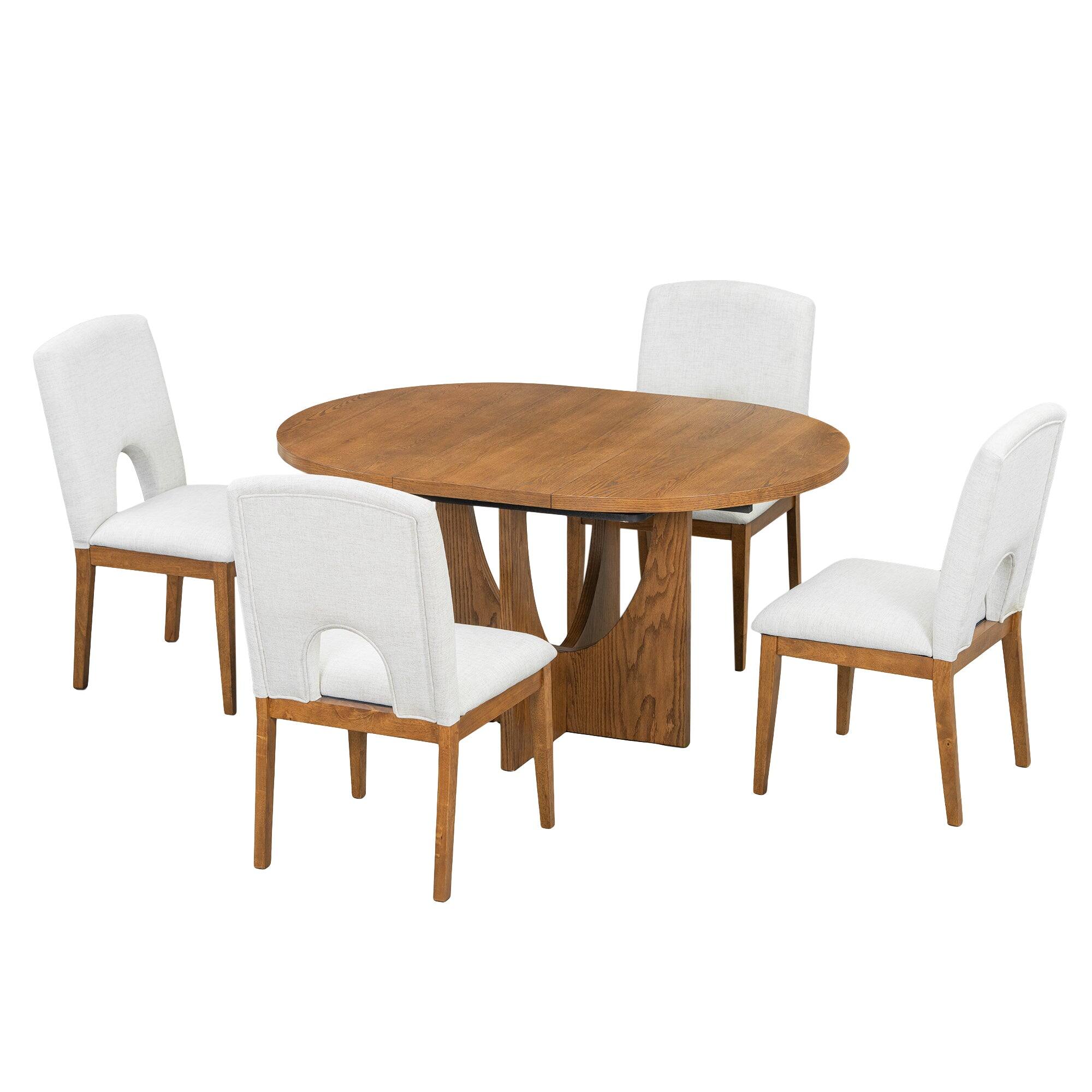 Front. Boyel Living - 5-Piece Expandable Round Dining Set for Small Spaces with Beige Cushion in Walnut - Walnut+Beige.