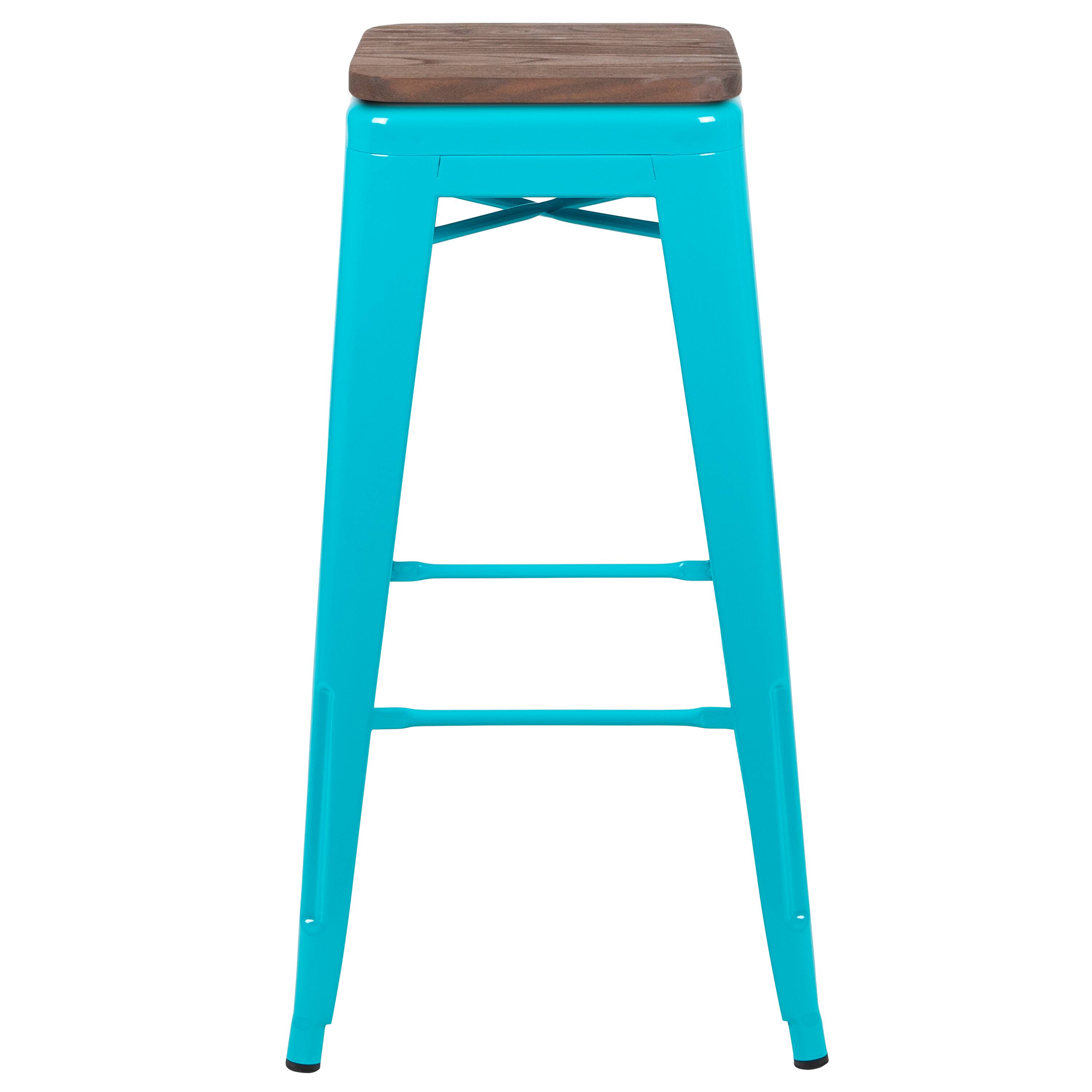 Alt View 6. Emma + Oliver - 30" High Metal Indoor Bar Stool with Wood Seat - Stackable Set of 4 - Teal.