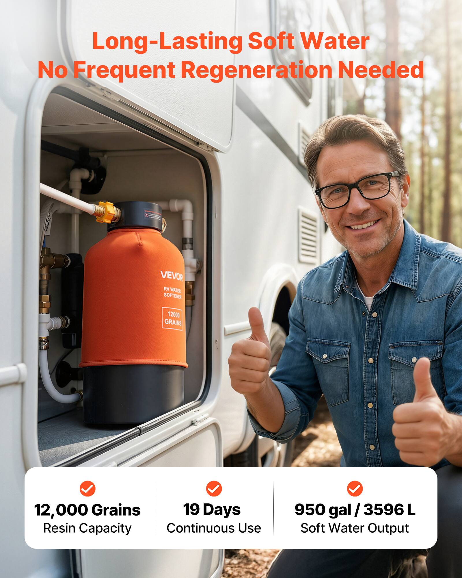 Long-Lasting Soft Water  
No Frequent Regeneration Needed  

Pran VEVOR RV WATER SOFTENER  
12,000 Grains  
12,000 Grains  
19 Days Resin Capacity  
Continuous Use  
950 gal / 3596 L Soft Water Output