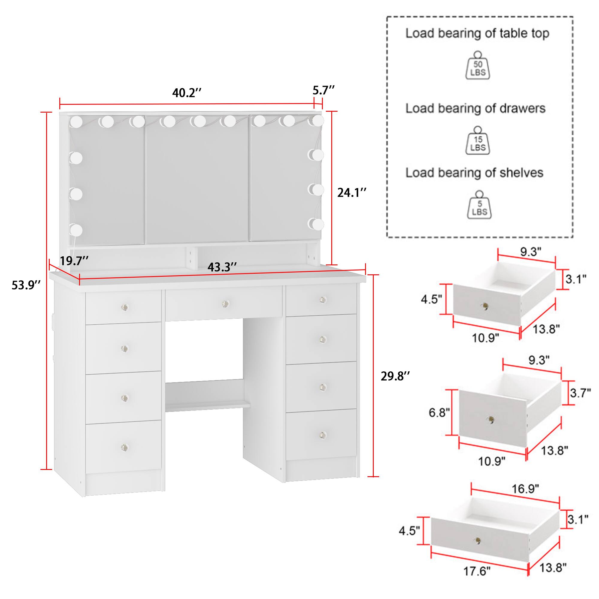 Load bearing of table top: 50 LBS, 40.2" x 5.7"

Load bearing of drawers: 15 LBS, 24.1"

Load bearing of shelves: 5 LBS, 53.9" x 19.7", 43.3" x 4.5", 9.3" x 10.9", 13.8" x 29.8" x 6.8", 9.3" x 3.7" x 10.9", 13.8" x 16.9" x 4.5", 3.1" x 17.6" x 13.8"
