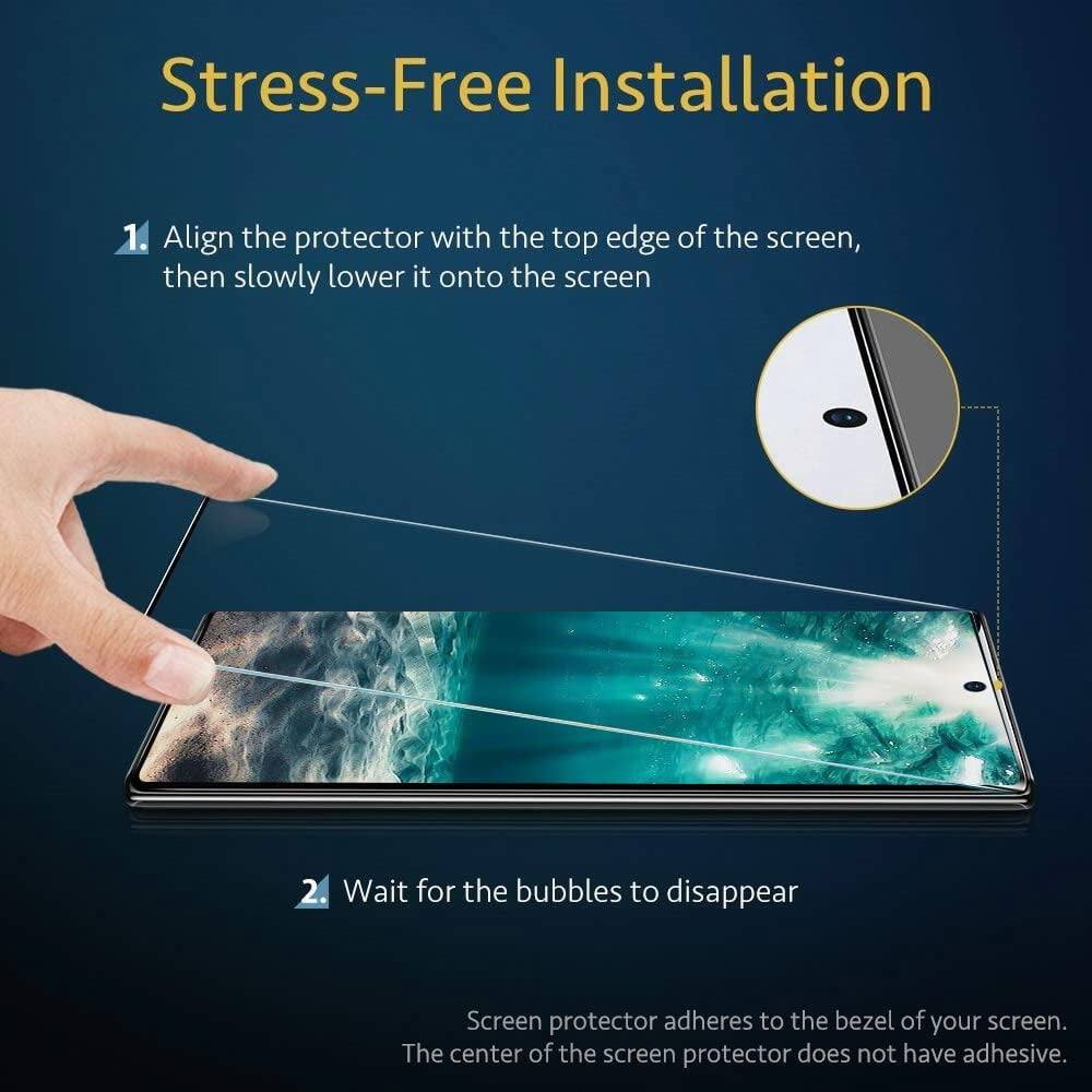 Stress-Free Installation

1. Align the protector with the top edge of the screen, then slowly lower it onto the screen

2. Wait for the bubbles to disappear

Screen protector adheres to the bezel of your screen. The center of the screen protector does not have adhesive.
