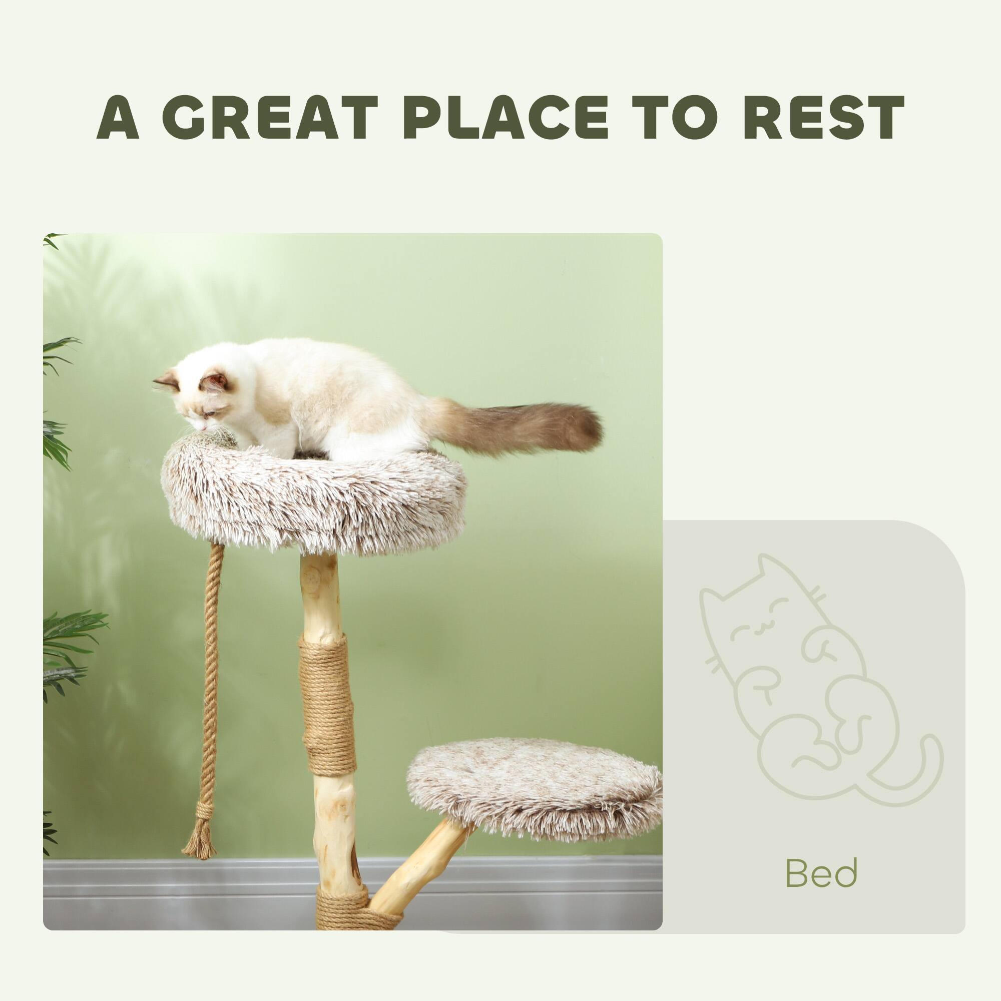 Alt View 1. Pawhut - 35 Inch Modern Cat Tree Tower for Indoor Adult Cats with Wooden Natural Branch Scratching Posts, Cat Bed & Rope Toy - Brown.