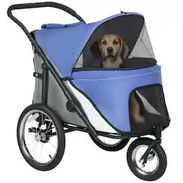 Pawhut - Dog Stroller, Pet Stroller 3 Wheels with Easy One-Hand Fold, Rubber Wheels, Storage Bag, Soft Cushion, Safety Leash