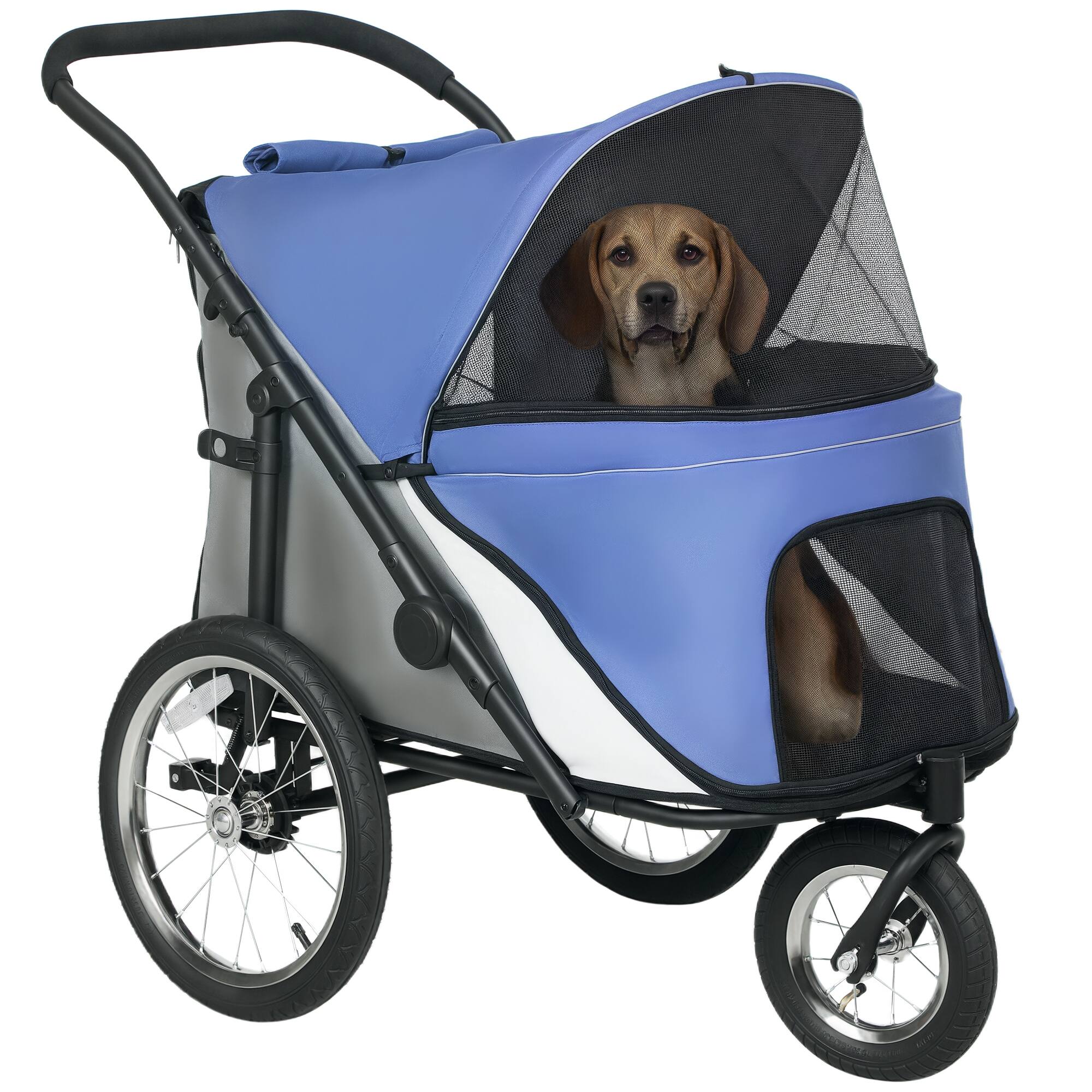 Front. Pawhut - Dog Stroller, Pet Stroller 3 Wheels with Easy One-Hand Fold, Rubber Wheels, Storage Bag, Soft Cushion, Safety Leash.