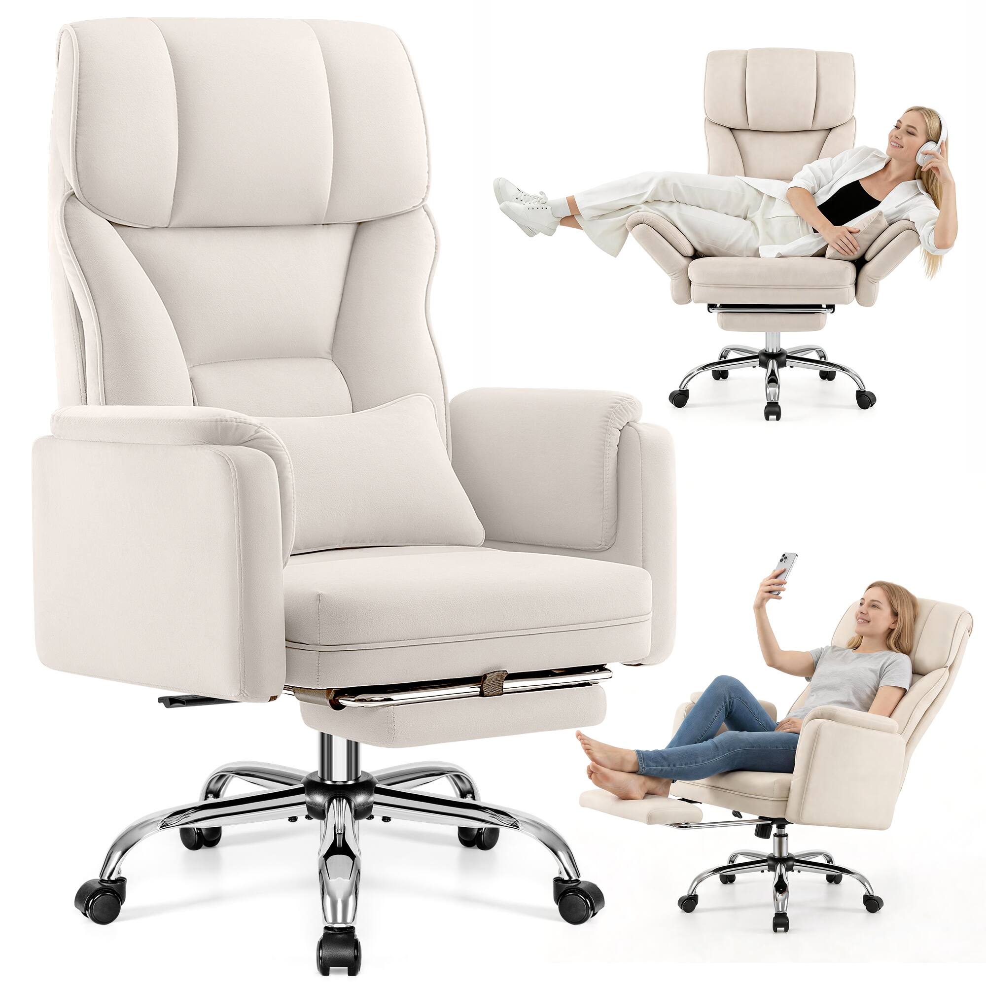 Angle. Brick Attic - 500LBS Ergonomic Velvet Office Chair with Footrest,Wide Cross Legged Executive Chair with Flip-Up Arms, 120°Tilt - White.
