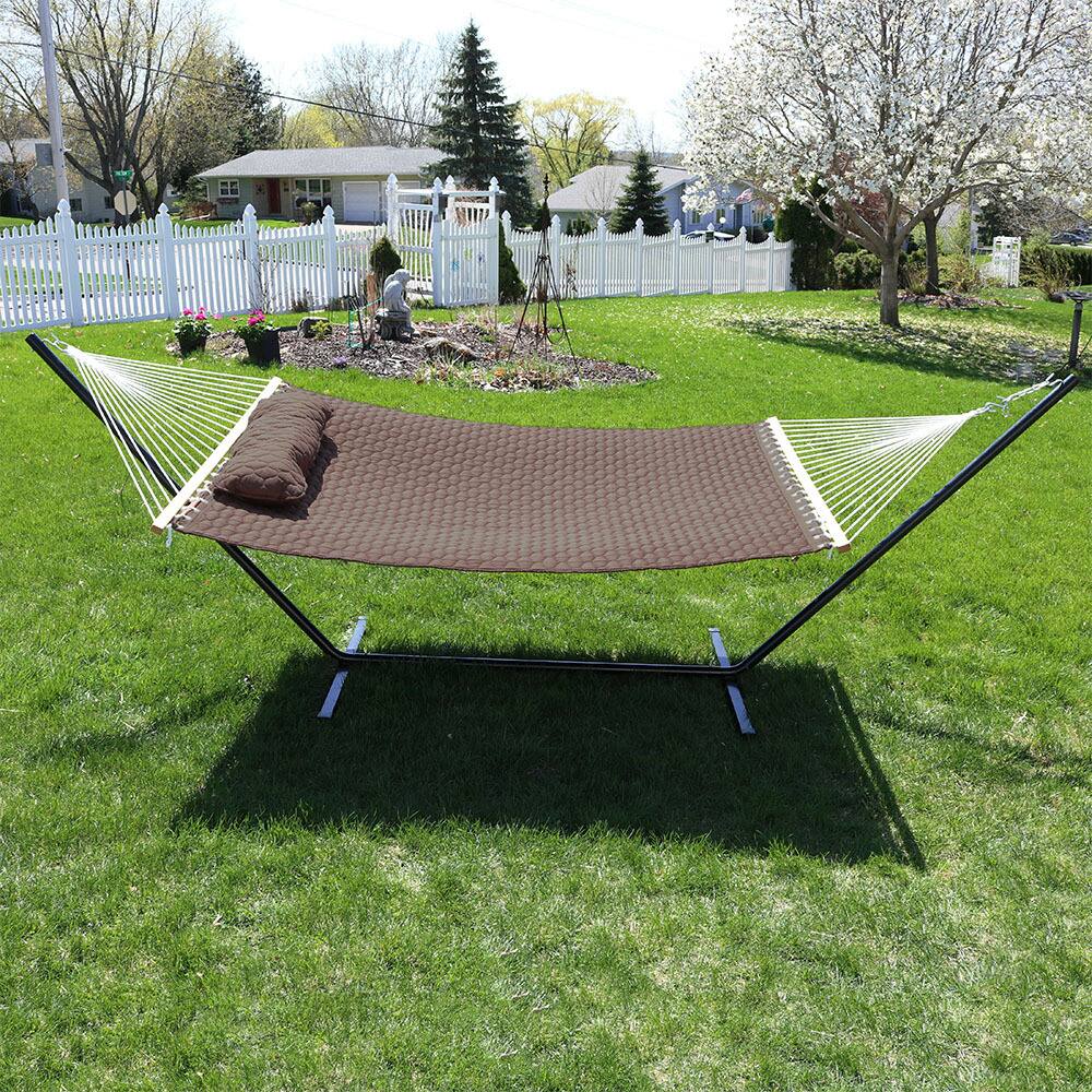 Alt View 1. Sunnydaze - 2-Person Quilted Fabric Hammock with Steel Stand - Brown.