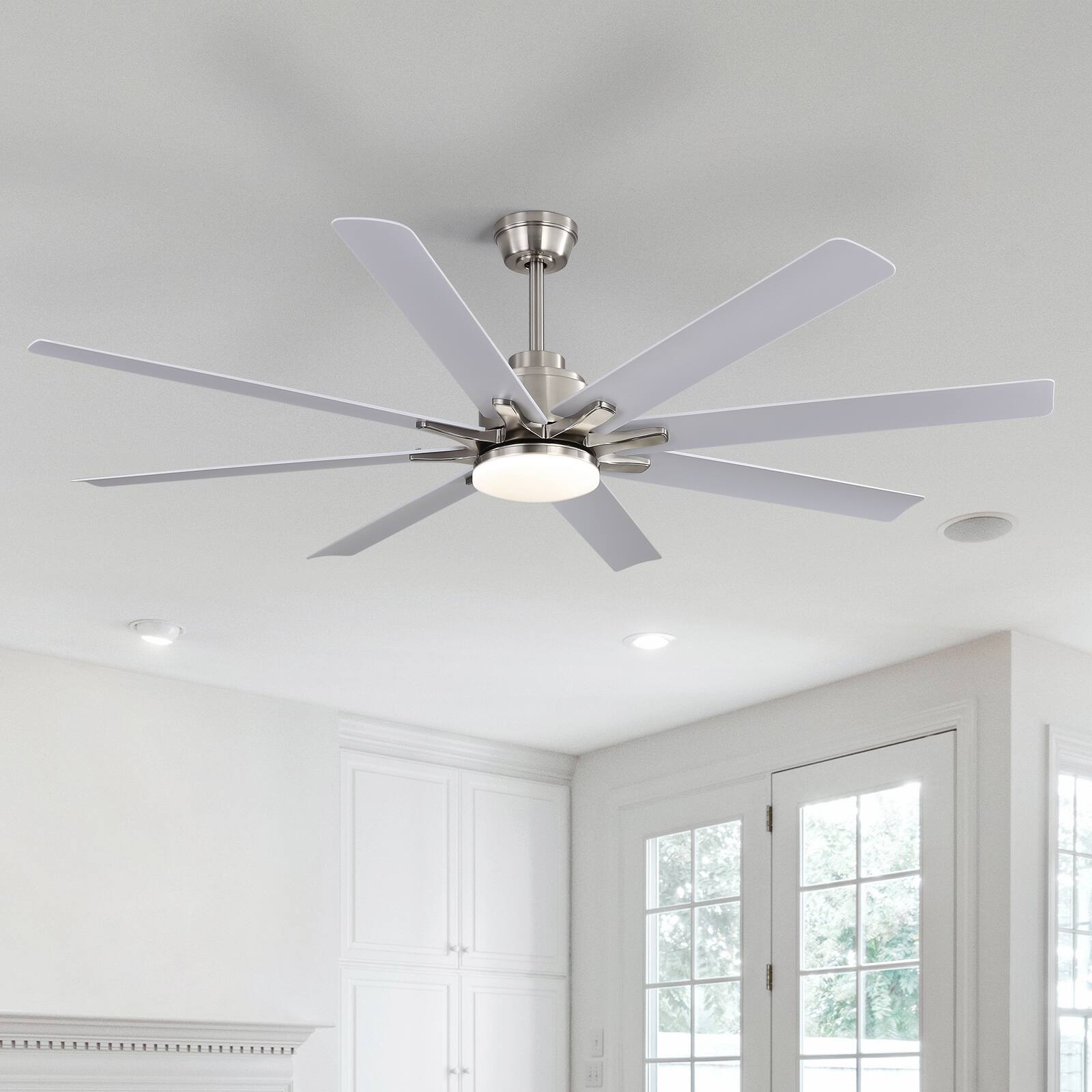 Back. Sofucor - 66" Windmill Smart APP Ceiling Fan with Lights and Remote 3 Downrod Indoor Farmhouse Ceiling Fans for Kitchen Bedroom - Nickel White.