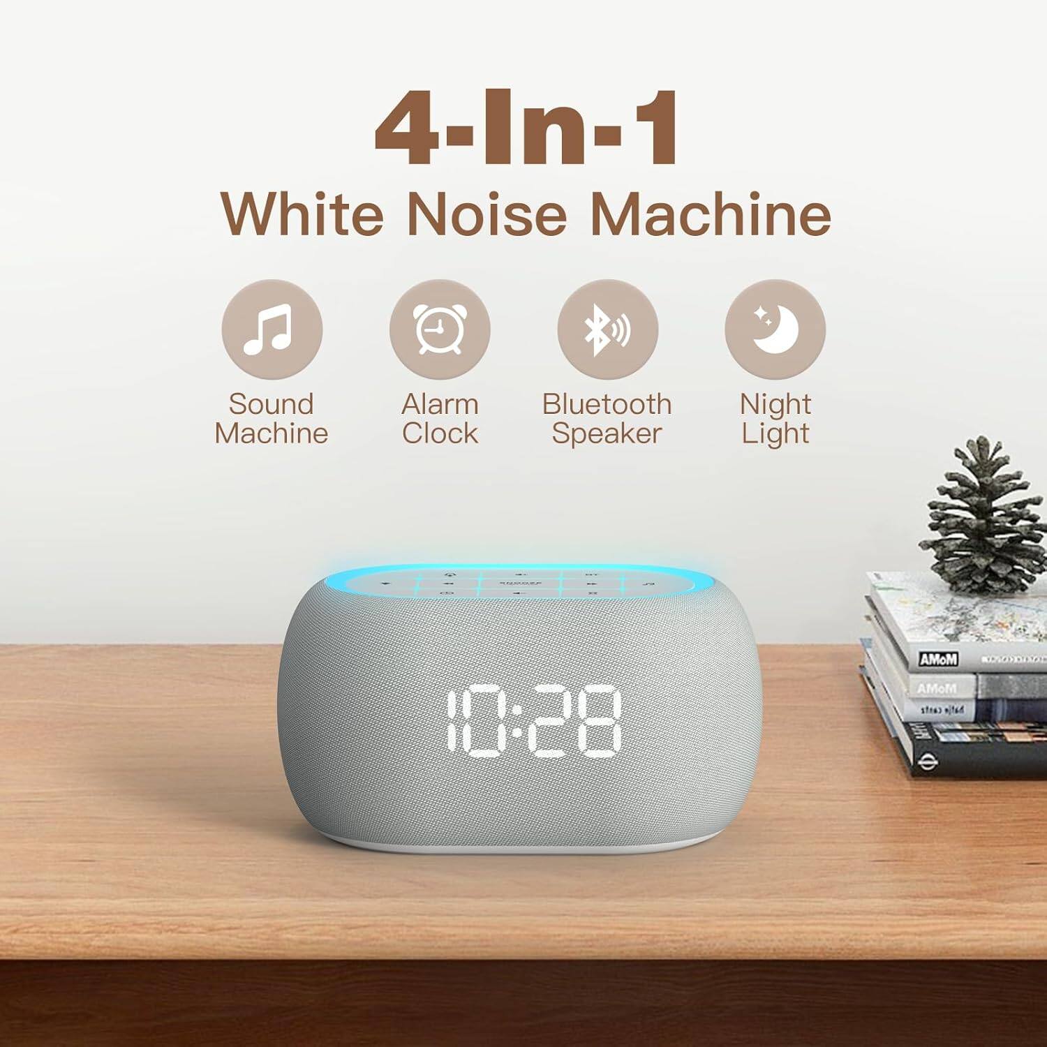 4-In-1 White Noise Machine

Sound Machine  
Alarm Clock  
Bluetooth Speaker  
Night Light  

10:28 AMoM RDROOA AMoM fe3 Tu