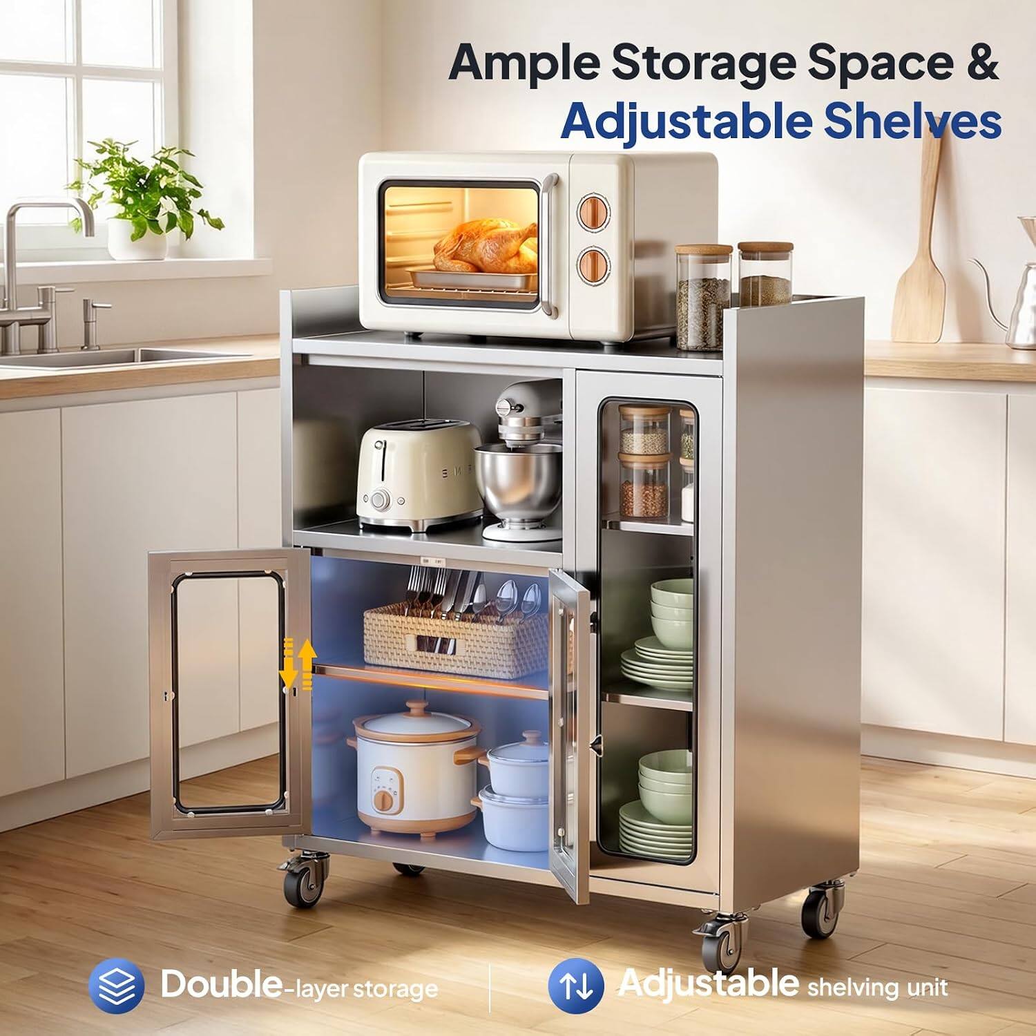 Ample Storage Space & Adjustable Shelves

1. NE Double-layer storage
2. Adjustable shelving unit