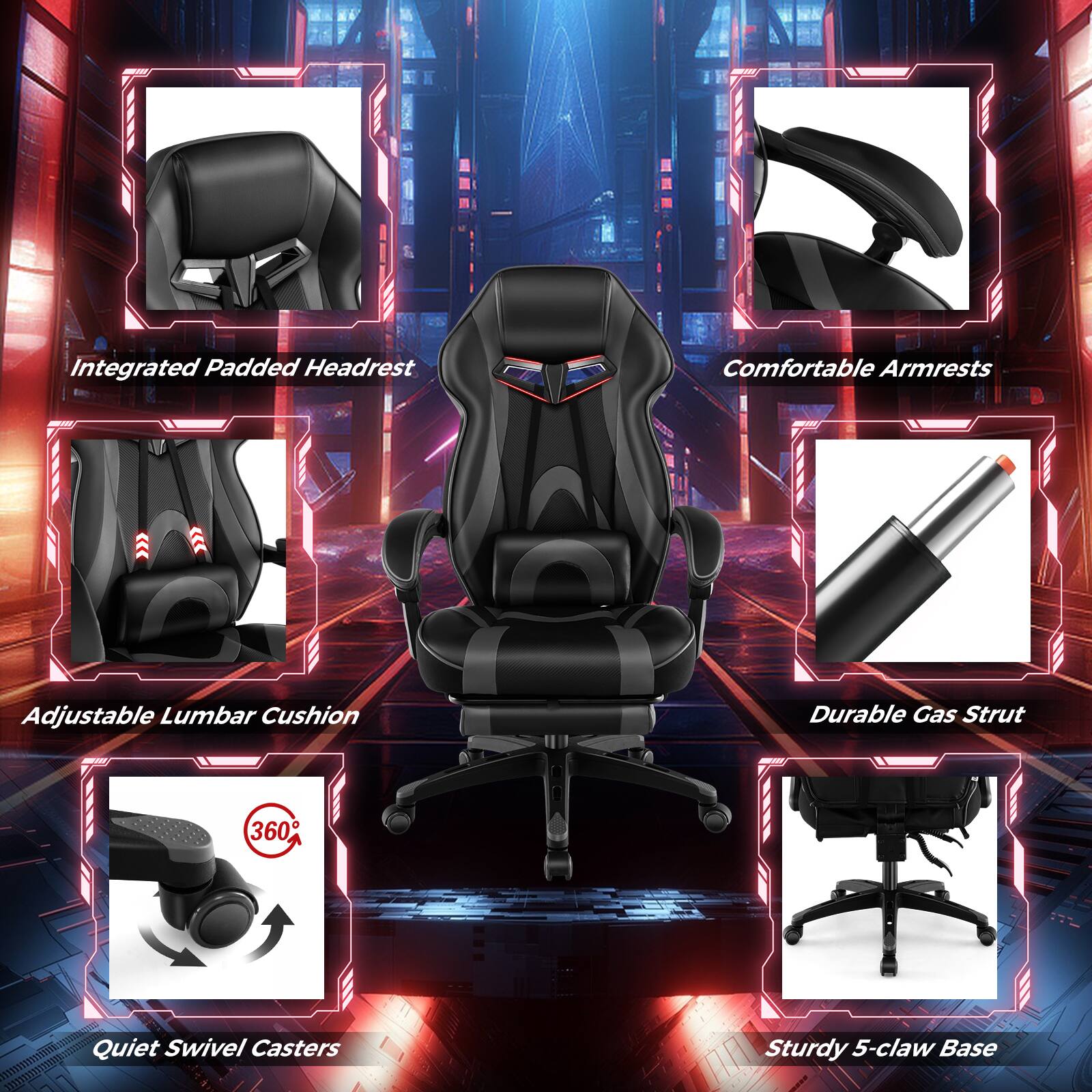 Integrated Padded Headrest, Comfortable Armrests, Adjustable Lumbar Cushion, Durable Gas Strut, 360 Quiet Swivel Casters, Sturdy 5-claw Base.