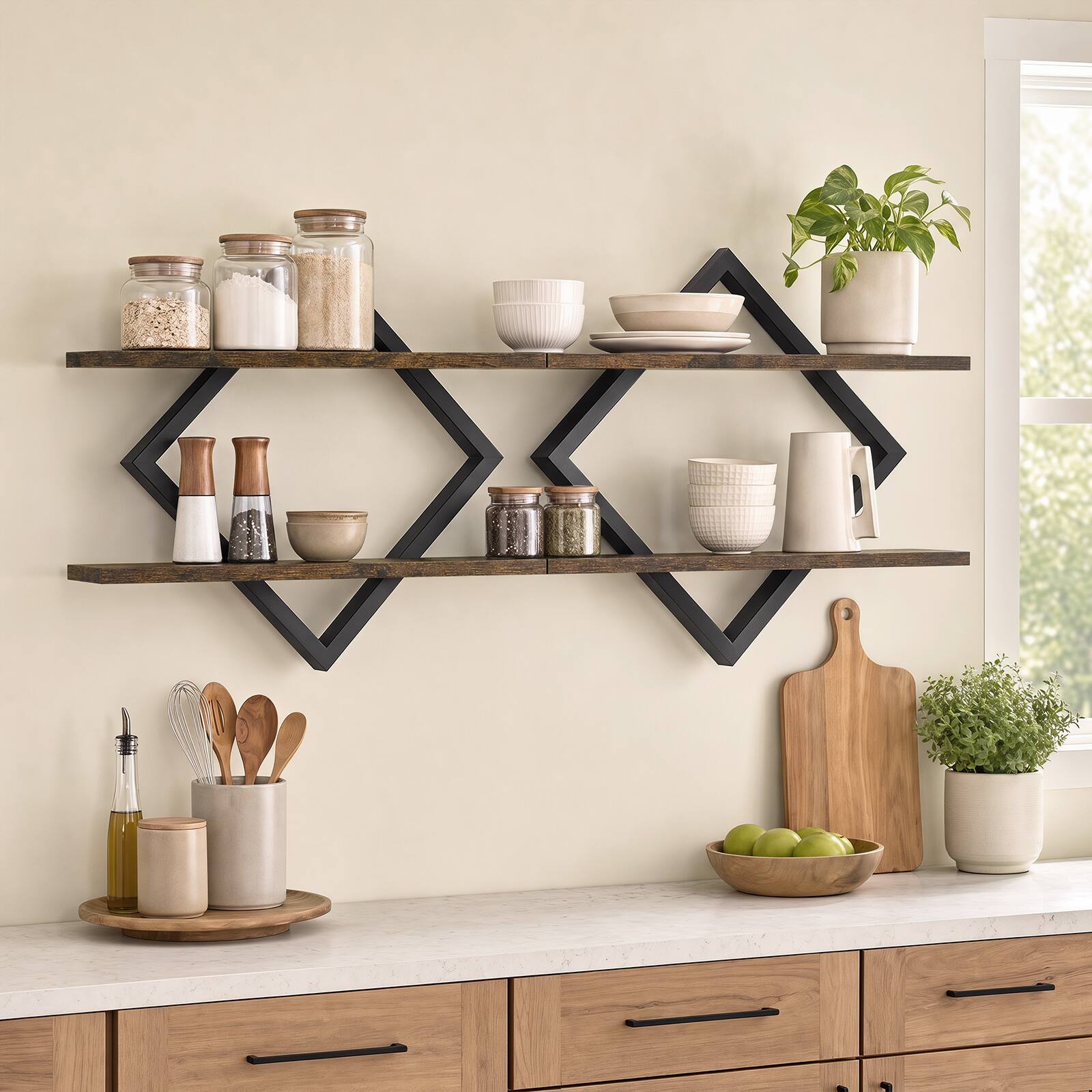 Alt View 4. Costway - Costway 2PCS Floating Shelves with Geometric Frame, 2-Tier Wall Mounted Decorative Shelves - Black + Rustic Brown.