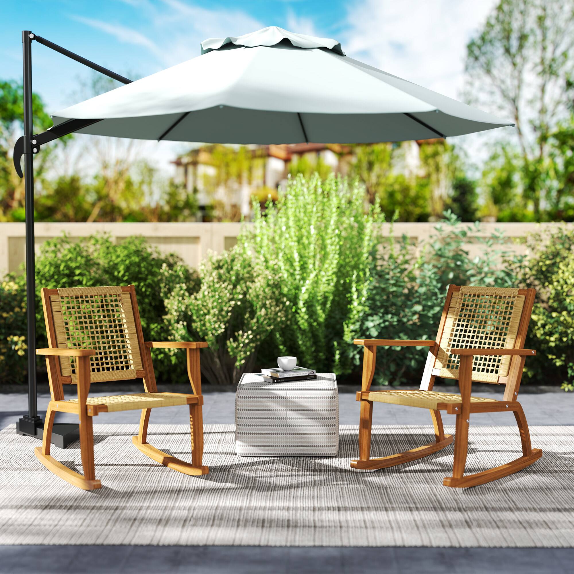 Alt View 5. Outsunny - Outdoor Rocking Chair Set of 2, Acacia Wood Outdoor Rockers with Armrests, Rattan Wicker Back and Seat - Khaki.