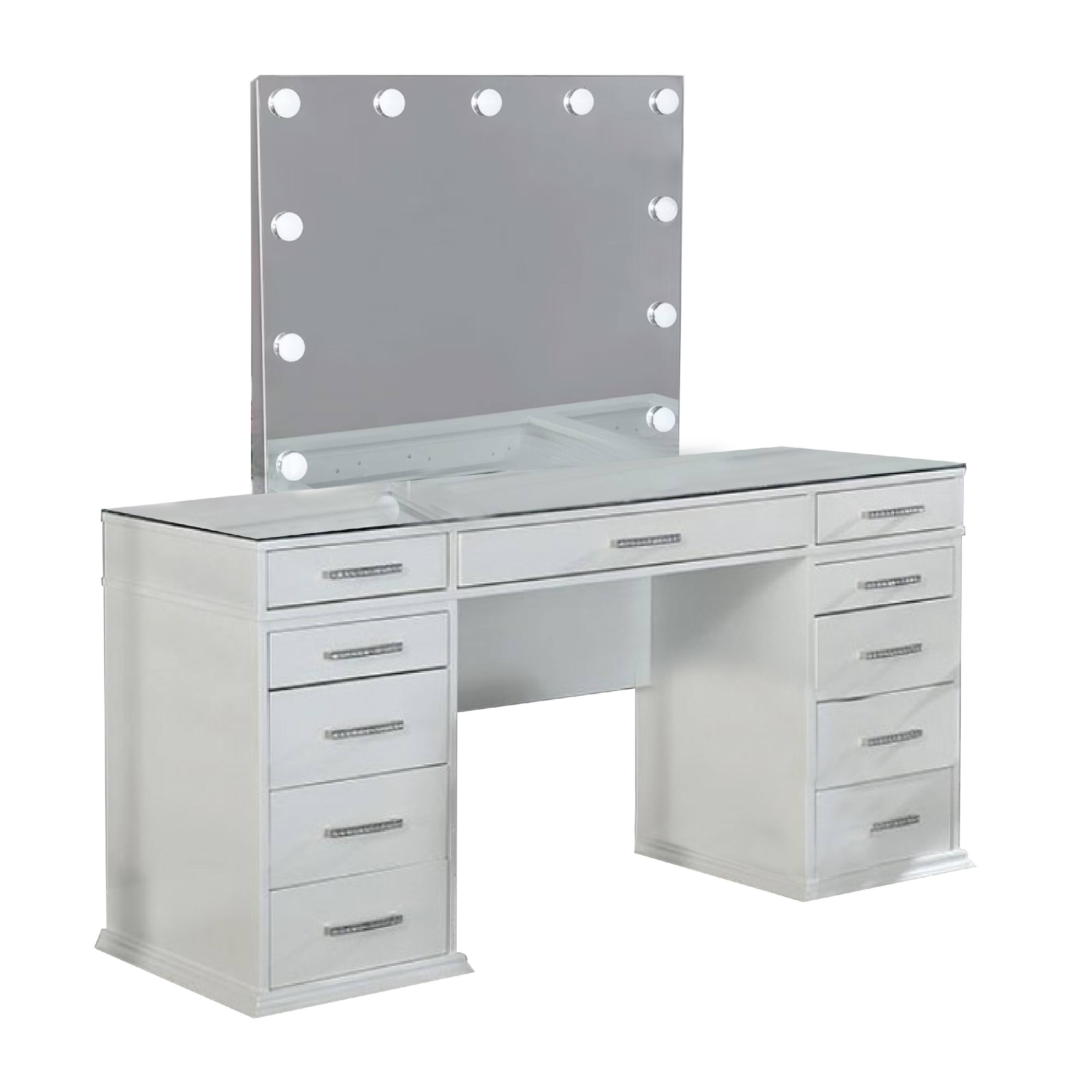 Manhattan Lane - Vaz 3pc LED Mirror Vanity Table Set, Glass Top, Padded Stool - Luminous White, Gray, Clear price history on PriceWatchPro