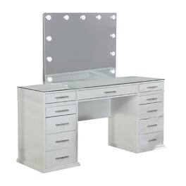 Manhattan Lane - Vaz 3pc LED Mirror Vanity Table Set, Glass Top, Padded Stool - Luminous White, Gray, Clear