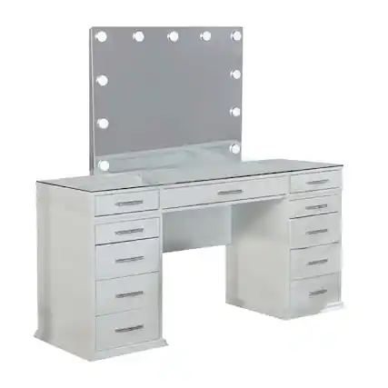 Front. Manhattan Lane - Vaz 3pc LED Mirror Vanity Table Set, Glass Top, Padded Stool - Luminous White, Gray, Clear.