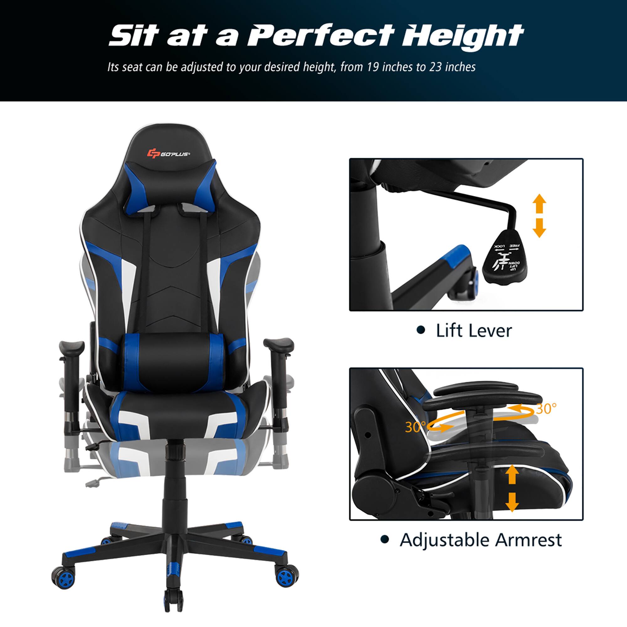 Sit at a Perfect Height Its seat can be adjusted to your desired height, from 19 inches to 23 inches. The chair also features a Lift Lever and Adjustable Armrest for added comfort and support.
