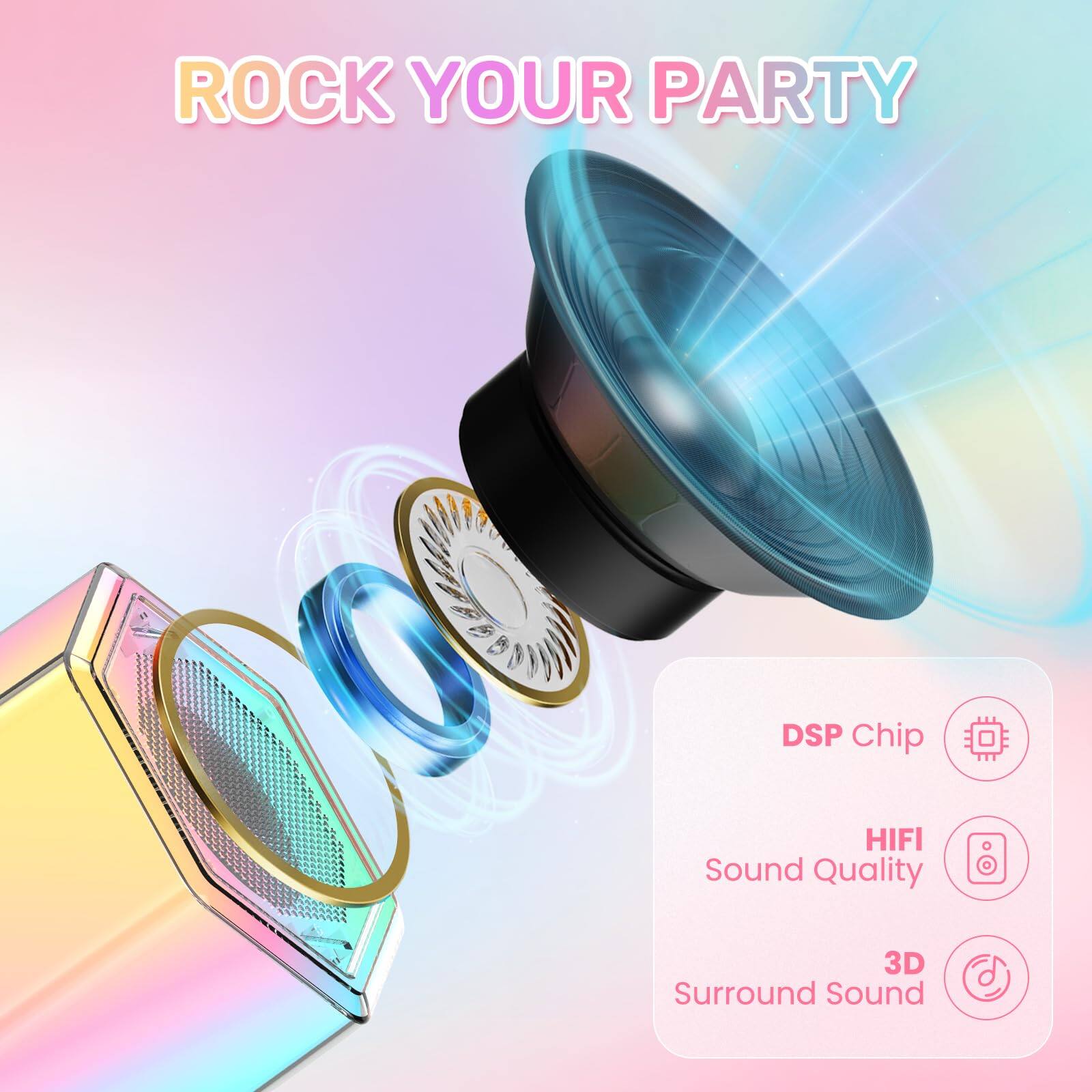 ROCK YOUR PARTY

- DSP Chip
- HIFI Sound Quality
- 3D Surround Sound