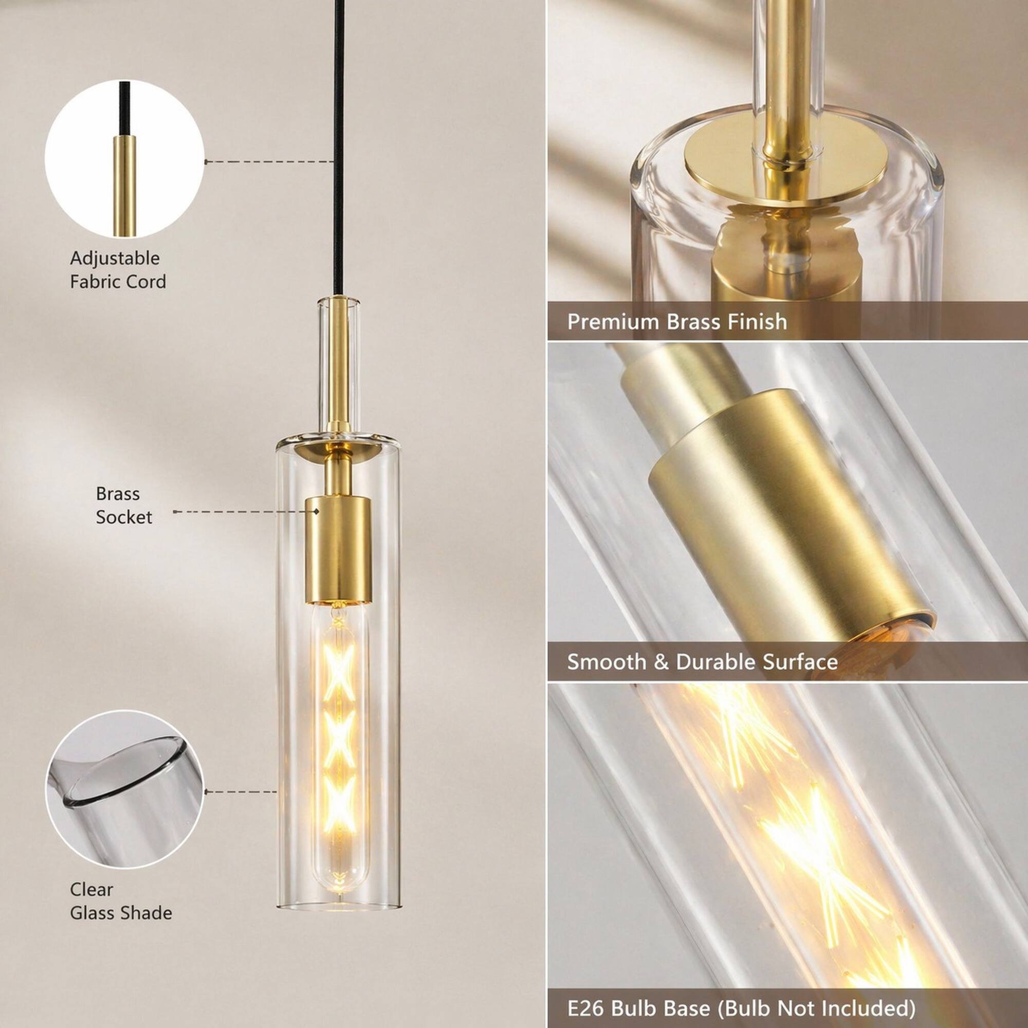 Adjustable Fabric Cord  
Premium Brass Finish  
Brass Socket  
Smooth & Durable Surface  
Clear Glass Shade  
E26 Bulb Base (Bulb Not Included)