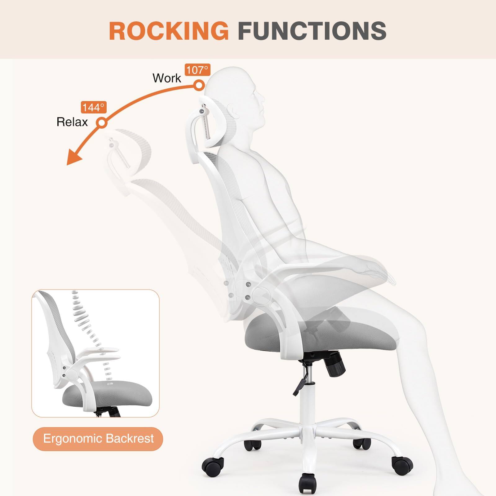 ROCKING FUNCTIONS

144° Relax  
107° Work

Ergonomic Backrest