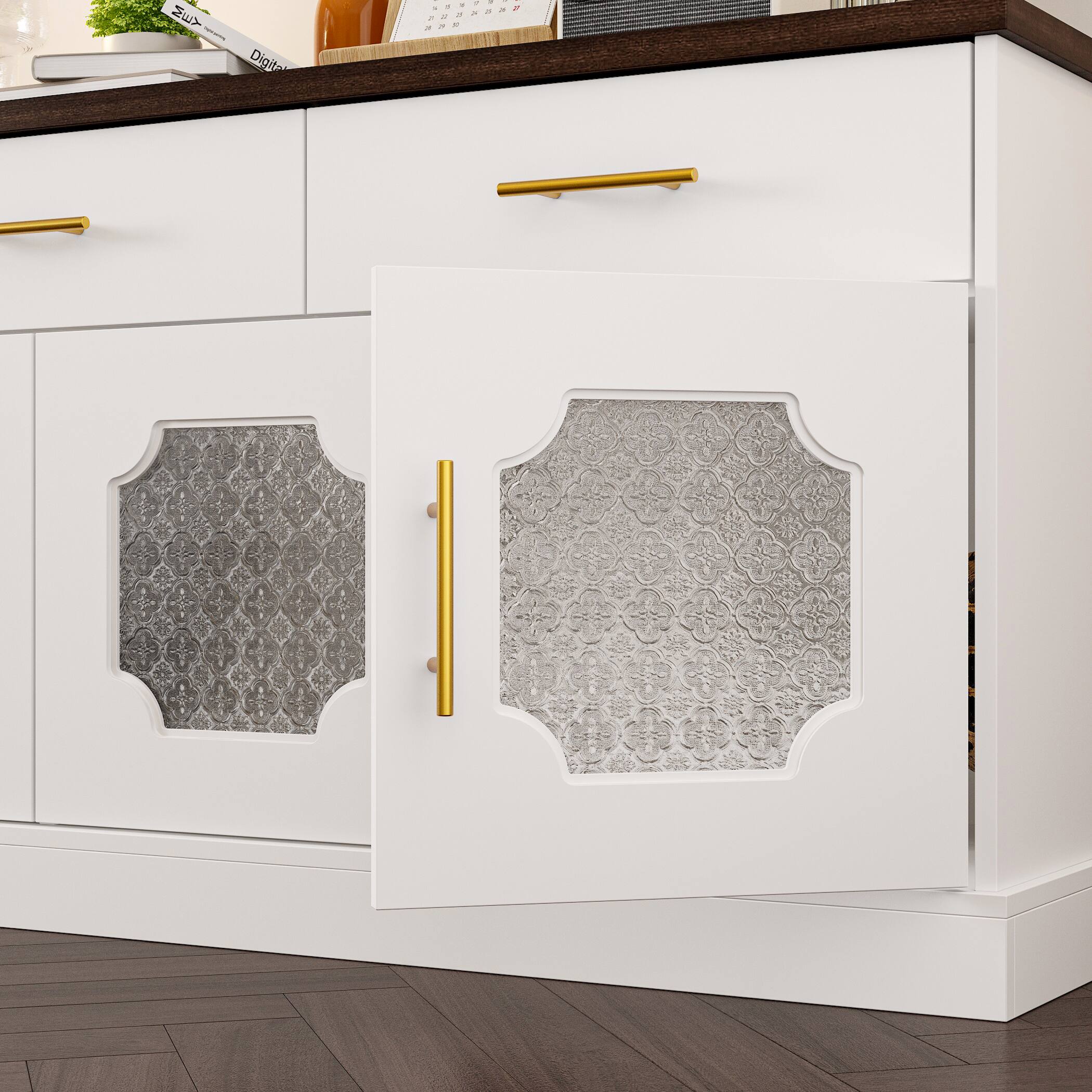 Alt View 4. Famapy - Famapy Modern - Glam TV Stand: Patterned Glass & Gold Accents - White & Wooden.