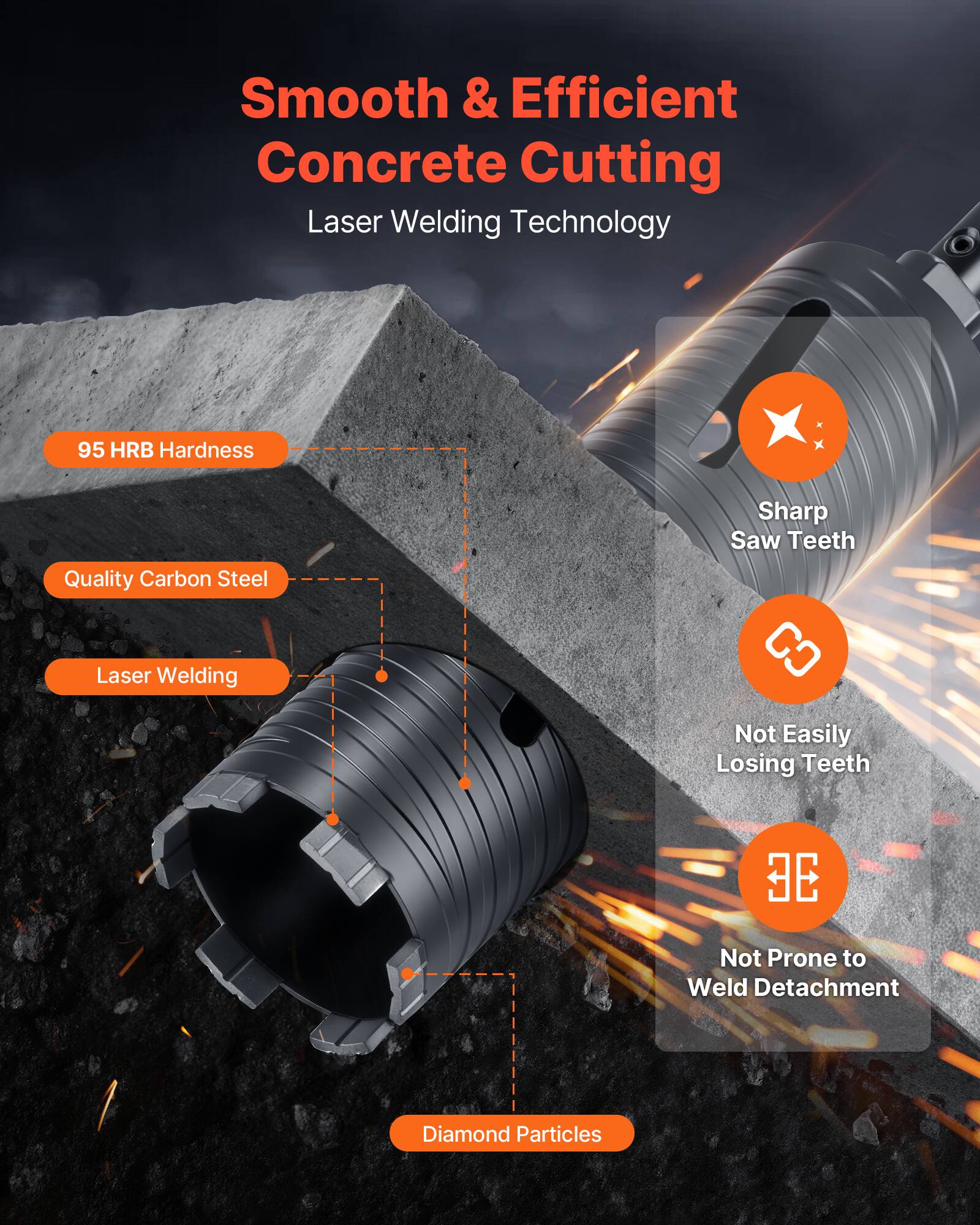 Smooth & Efficient Concrete Cutting  
Laser Welding Technology  

- 95 HRB Hardness  
- Quality Carbon Steel  
- Laser Welding  
- Sharp Saw Teeth  
- Not Easily Losing Teeth  
- Not Prone to Weld Detachment  
- Diamond Particles