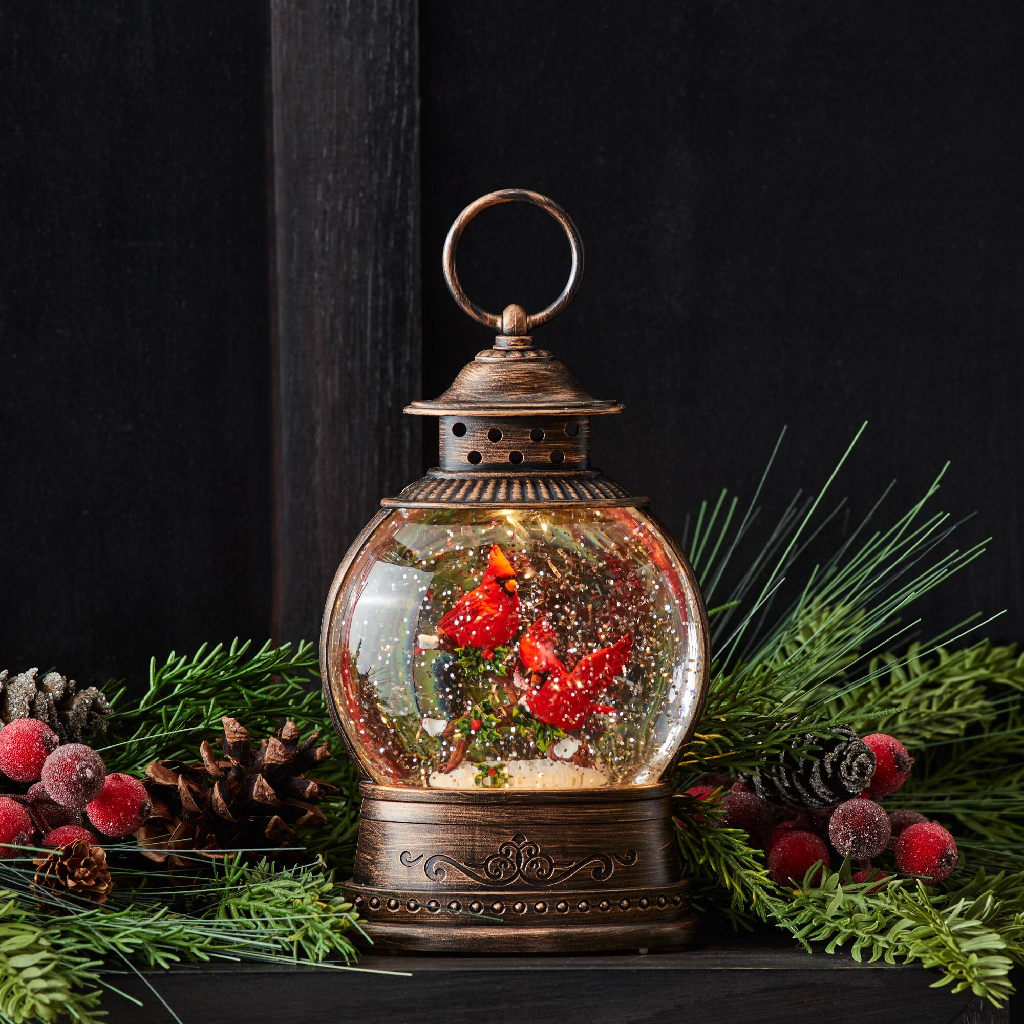 Angle. BreeBe - LED Snow Globe Lantern with Cardinal Bird Couple 8.25"H - Bronze, Red.