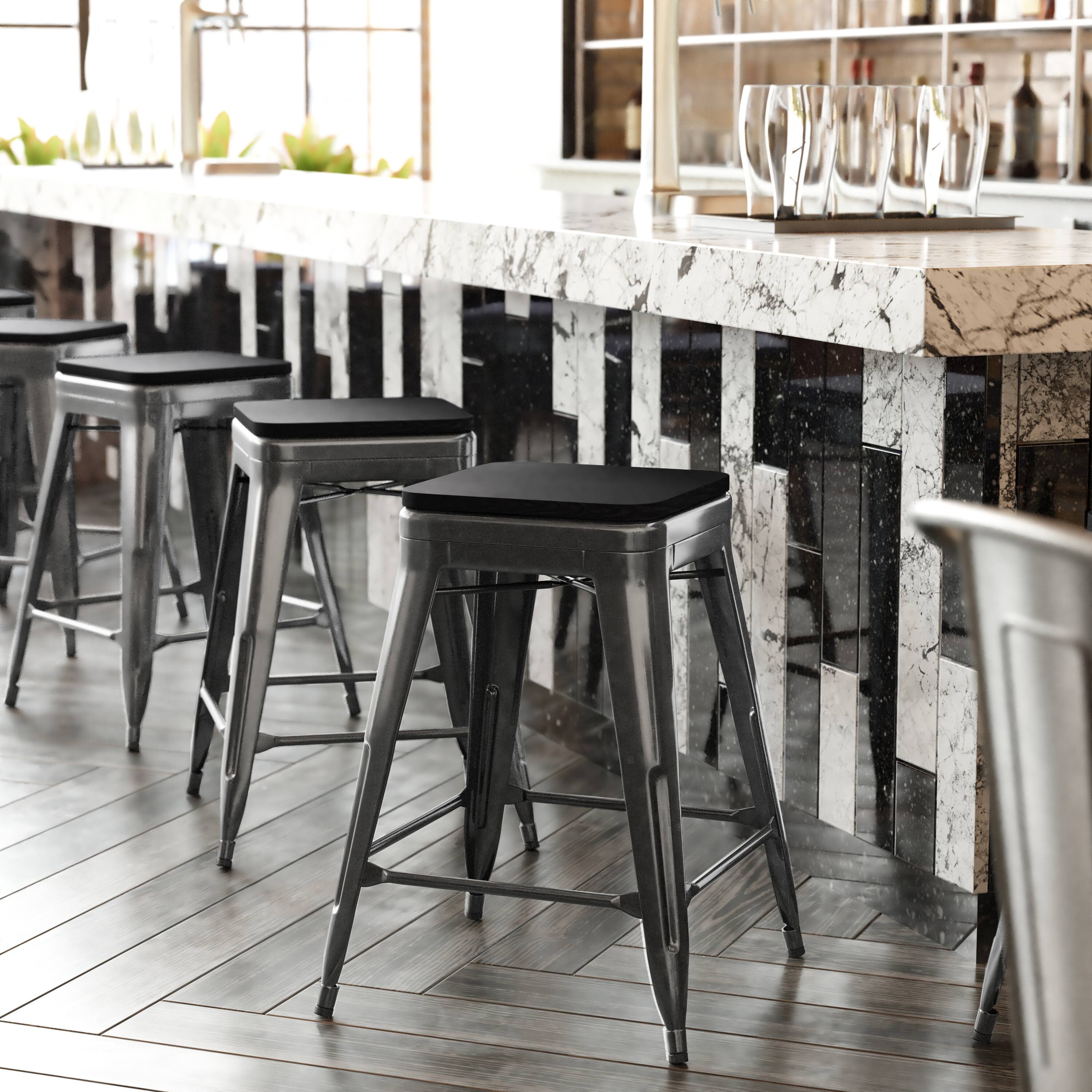 Alt View 1. Emma + Oliver - Kam Backless Metal Indoor-Outdoor Stool with All-Weather Polystyrene Seat - Black Seat/Black Frame.