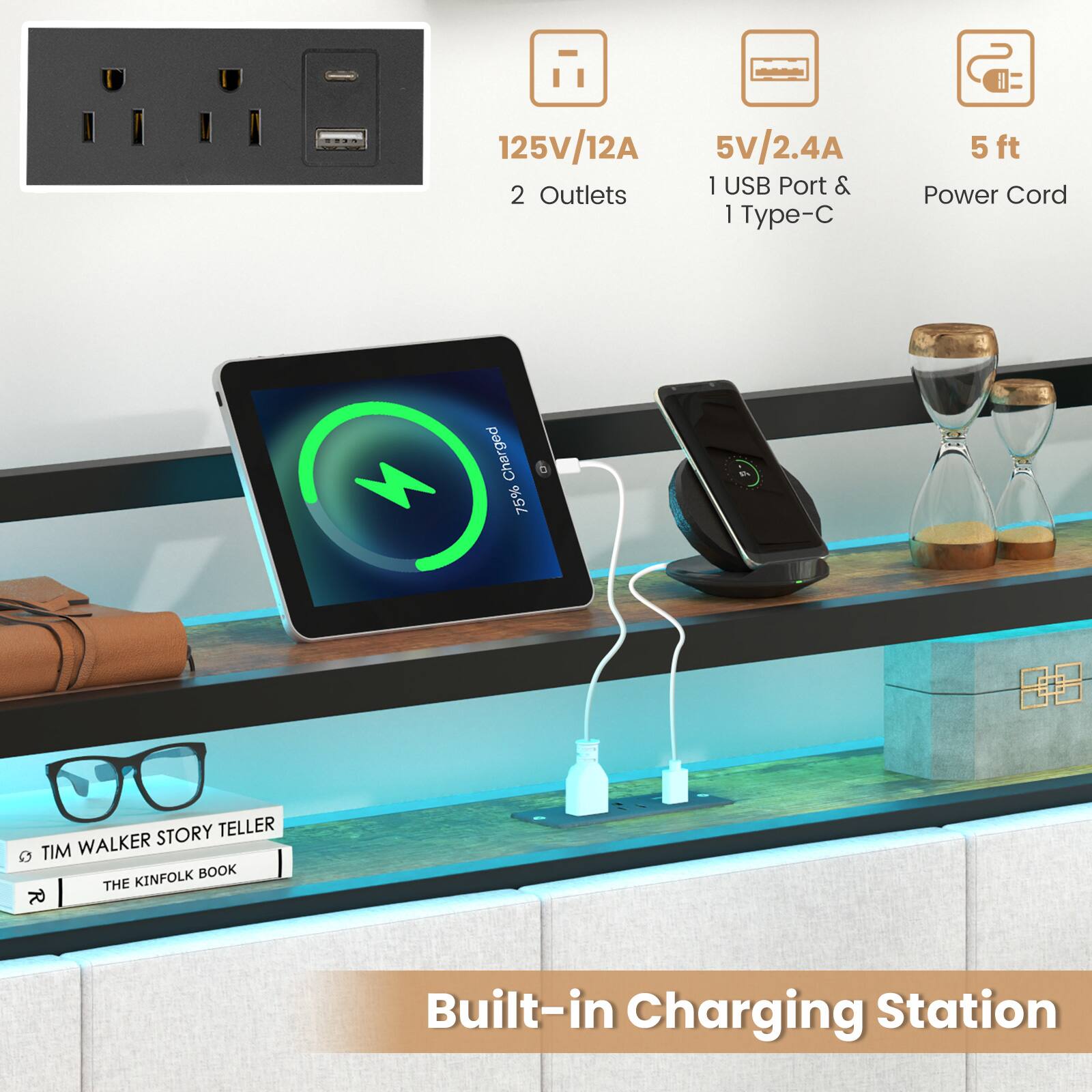 125V/12A, 5V/2.4A, 1 USB Port & 1 Type-C, 5ft Power Cord, Built-in Charging Station, Charged 75%, STORY TELLER MIT WALKER, THE KINFOLK BOOK, R