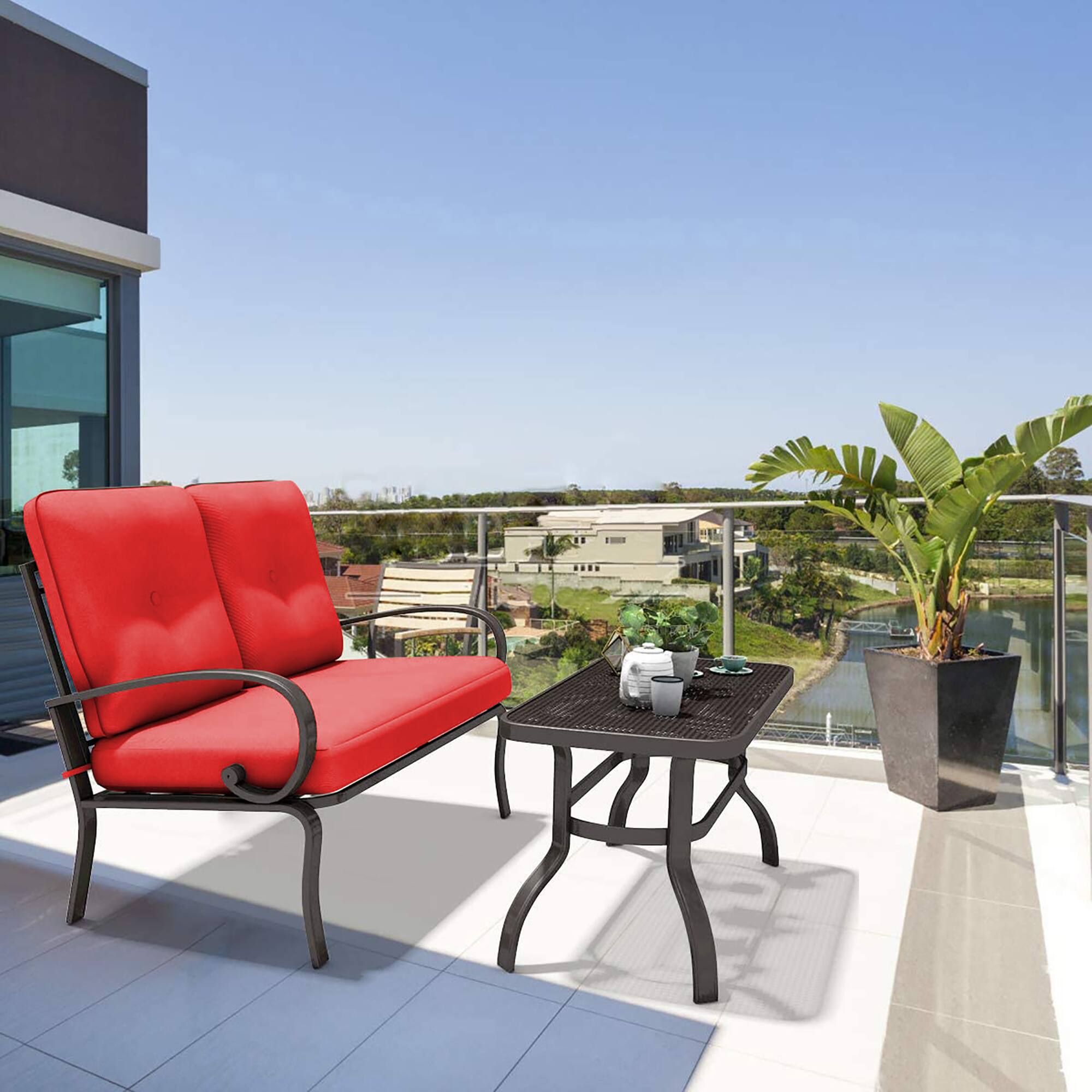 Alt View 1. Costway - Costway 2PCS Patio LoveSeat Coffee Table Furniture Set  Bench W/ Cushions - Red.