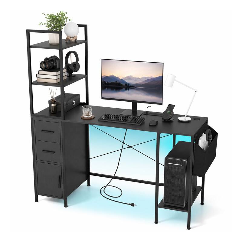 Alt View 3. WELLFOR - 55" Compute Desk with LED Light & Power Outlets, Home Office Desk with Drawers & Open Shelves - Black.