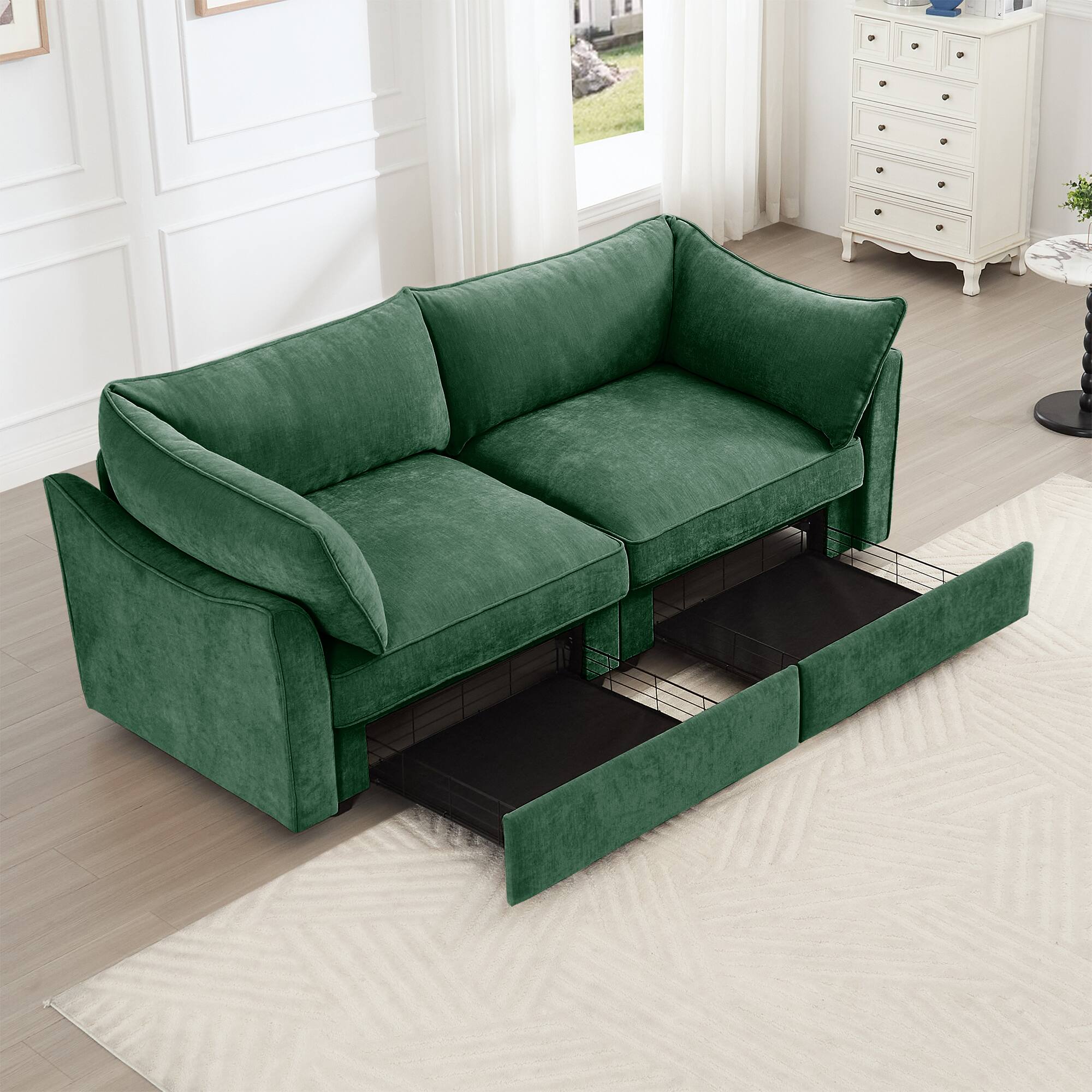 Left. Aukfa - 2-Seater Sofa with Pull-Out Storage Drawers - Crescent-Shaped Armrests, Chenille Fabric, Wraparound Cushions - Green.