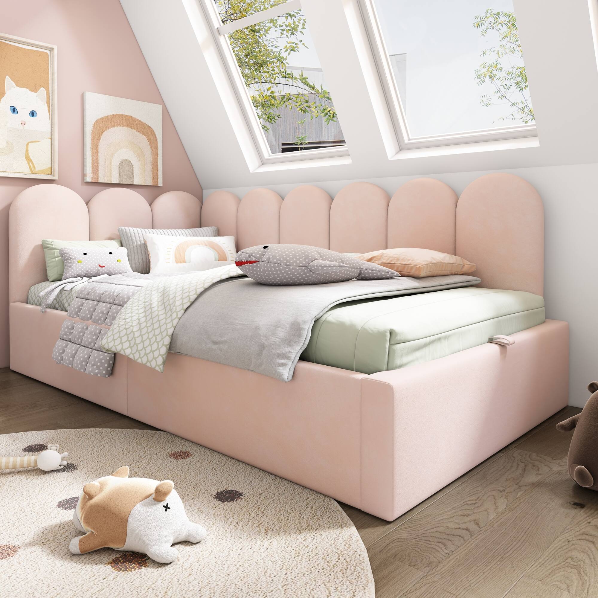 Alt View 9. GOODSILO - Upholstered Daybed with Hydraulic Storage, Twin Size Sofa Bed Frame with Metal Slats and Velvet Covering - Pink.