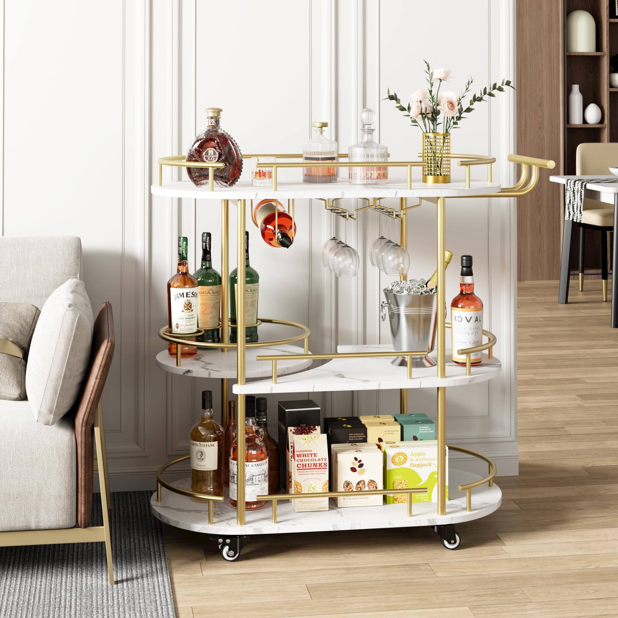 Jojoka - Bar Carts with 4-Tiers Storage Shelves, Mobile Bar Seving Carts On Wheels with Wine Rack and Glass Holder - Gold