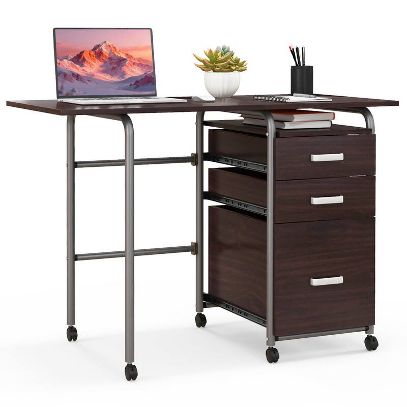 Left. WELLFOR - Folding Computer Desk with 3 Drawers & Desk, 41.5" Home Office Desk for Small Spaces - Brown.