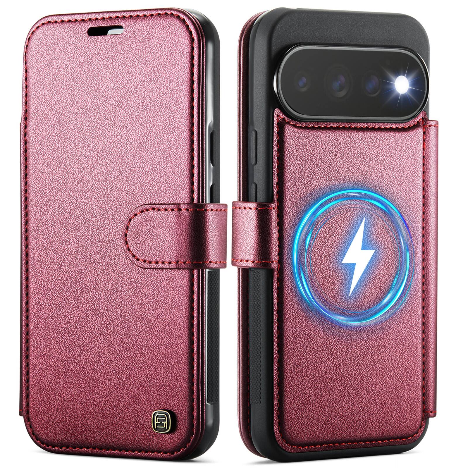 Angle. UUCOVER - Magnetic RFID Blocking Card Wallet Case for Google Pixel 11 / 11 Pro Shockproof Leather Compatible with MagSafe Cover - Red.