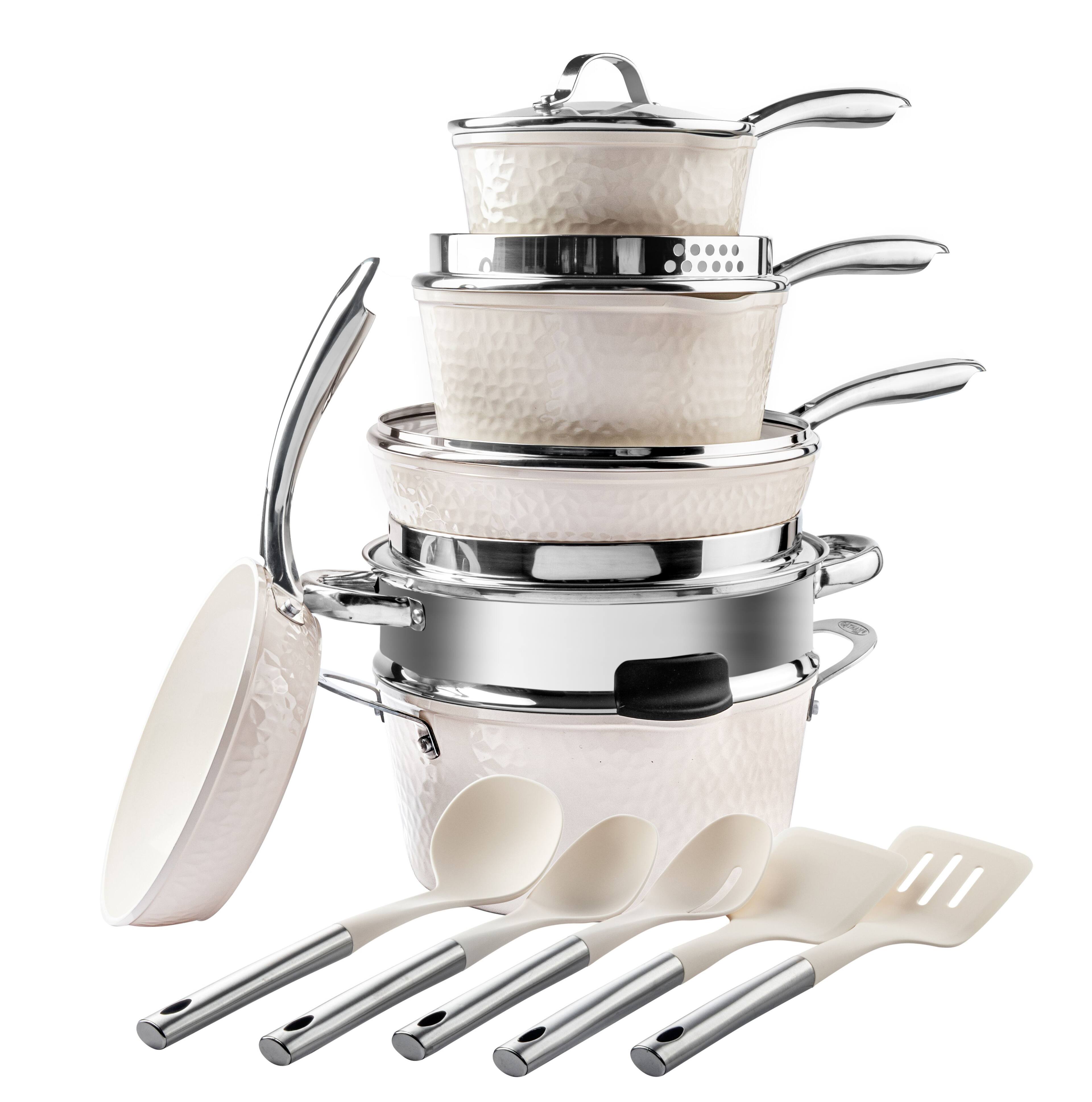 Alt View 4. Gotham Steel - Gotham Steel Hammered Cream 15-Piece Ultra Ceramic Nonstick Cookware Set with Utensils - Cream.