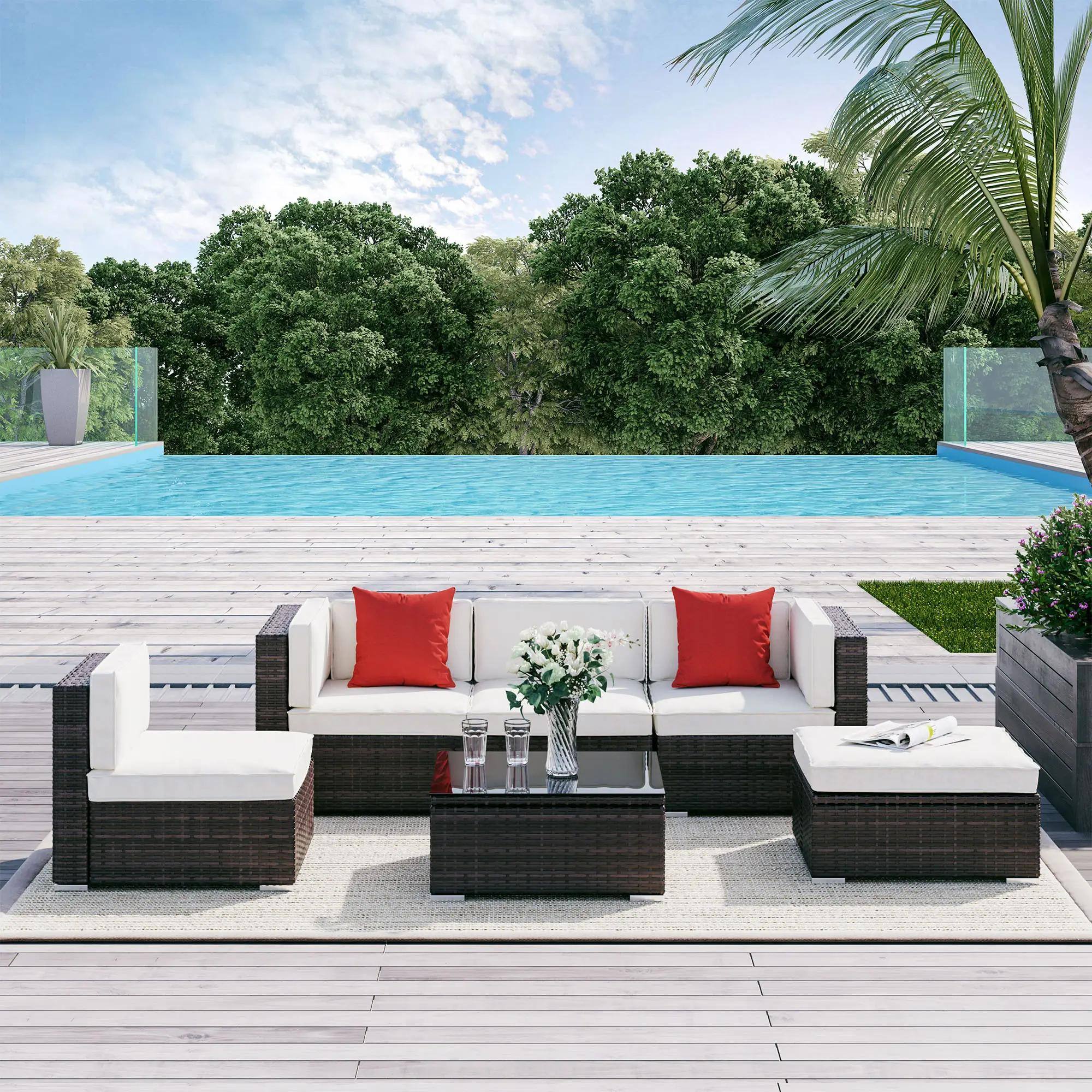 Angle. Spaco - Spaco 6PCS Weatherproof PE Rattan Patio Set, Sectional Storage Ottoman - Mixed Brown and Cream White.