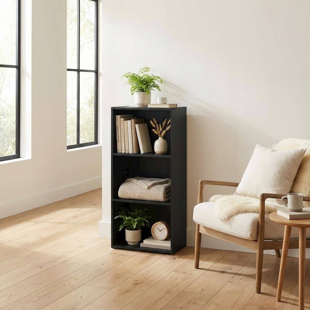 Left. FurniFact - 3-Tier Open Shelf Bookcase with Sturdy Engineered Wood Design - Blackwood.