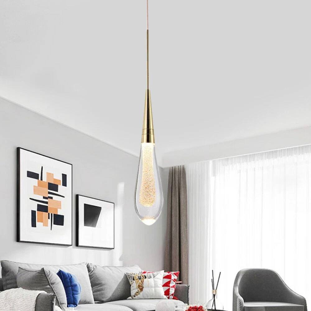 Angle. Home Collection - Crystal Glass LED Chandelier Pendant Light Gold Rain Drop Hanging Fixture.