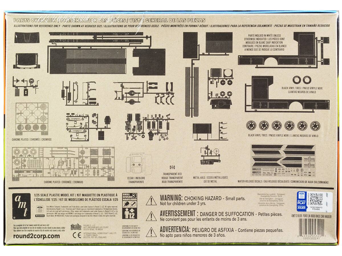 **Parts Overview / Présentation des pièces / Vista general de las piezas**

Illustrations for reference only - Parts shown at reduced size / Illustrations pour références seulement - Pièces montées en format réduit / Ilustraciones para referencia solamente - Piezas se muestran en tamaño reducido

**Parts molded in white unless otherwise indicated / Les pièces sont moulées en blanc sauf indication contraire / Piezas modeladas en blanco menos indicado contrario**

**Black vinyl tires / Pneus vinyle noir / Llantas negros de vinilo**

**Chrome plated / Chromé / Cromado**

**Clear / Incolore / Transparente**

**Transparent red / Rouge transparent / Rojo transparente**

**Metal axle / Essieu métalliques / Eje de metal**

**Water-release decals / Eau-release décalques / Comunicado de agua calcomanías**

---

**1/25 Scale Plastic Model Kit / Kit maquette en plastique / Escala 1/25**

**a m t**

**For more information, visit our website: round2corp.com**

**WARNING: CHOKING HAZARD - Small parts. Not for children under 