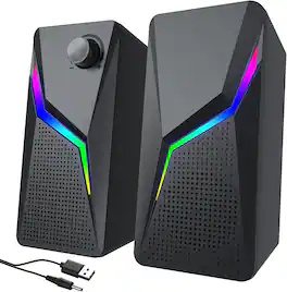 Stamp n Camp - Computer Speakers, PC Speakers for Desktop with 6 Lighting Modes, Gaming Accessories, Stereo Sound 2 Bass-Boost Ports - CO-702