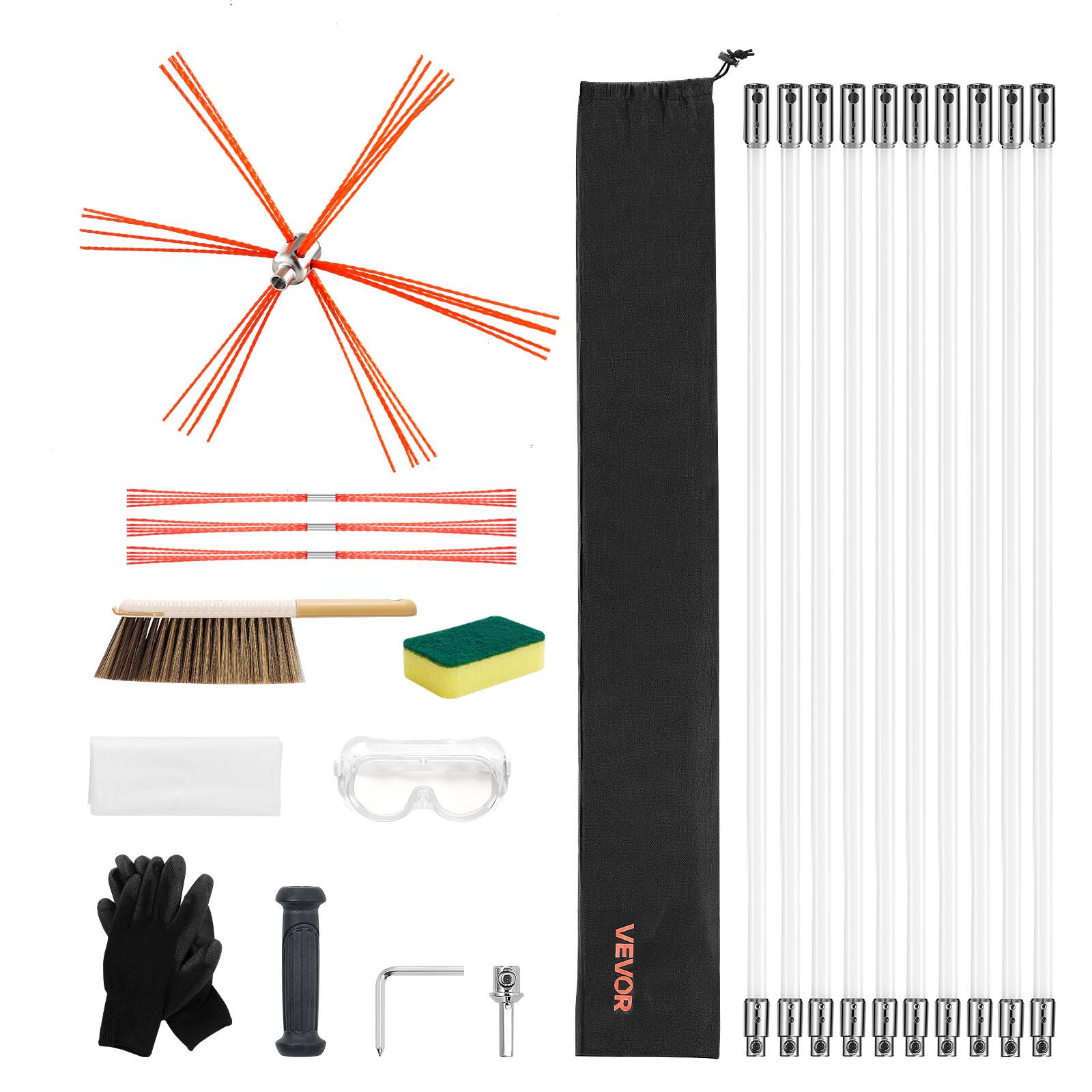 Alt View 5. VEVOR - 33 ft Extendable Chimney Cleaning Kit with Bristle Replacements & Goggles, Flexible Design for 90° Angles - White.