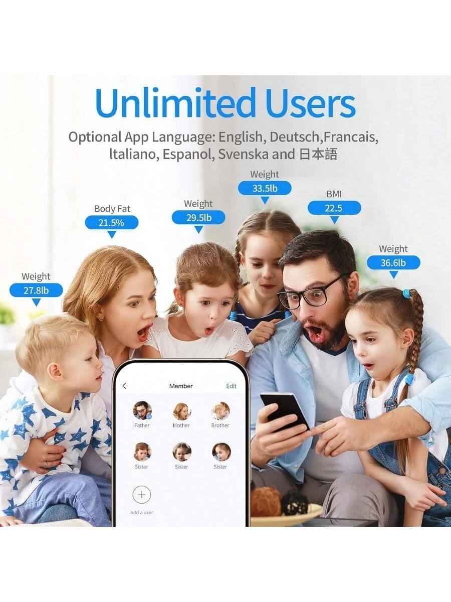 Unlimited Users

Optional App Language: English, Deutsch, Français, Italiano, Español, Svenska and 日本語

Weight: 33.5lb  
BMI: 22.5  
Body Fat: 21.5%  
Weight: 29.5lb  
Weight: 27.8lb  
Weight: 36.6lb  

Member  
Edit  
Father  
Mother  
Brother  
Sister  
Sister  
Sister  

Add a user