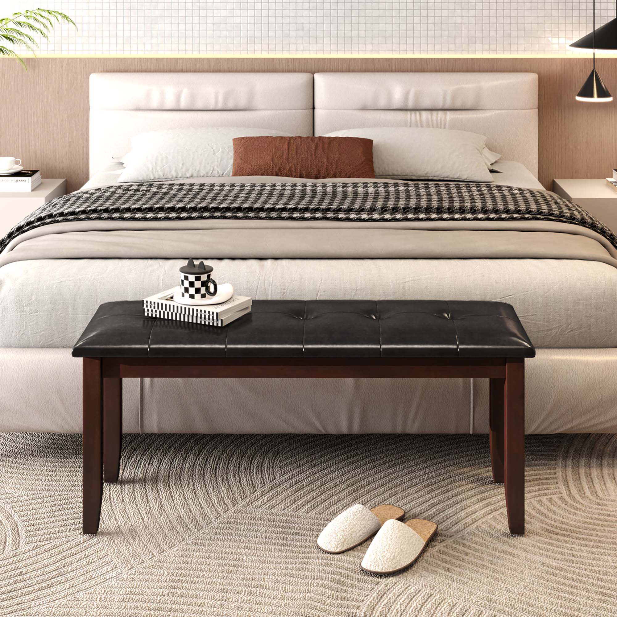 Alt View 3. Gymax - Gymax Upholstered PU Dining Room Bench Solid Wood Button Tufted Dining Room Bench - cherry.