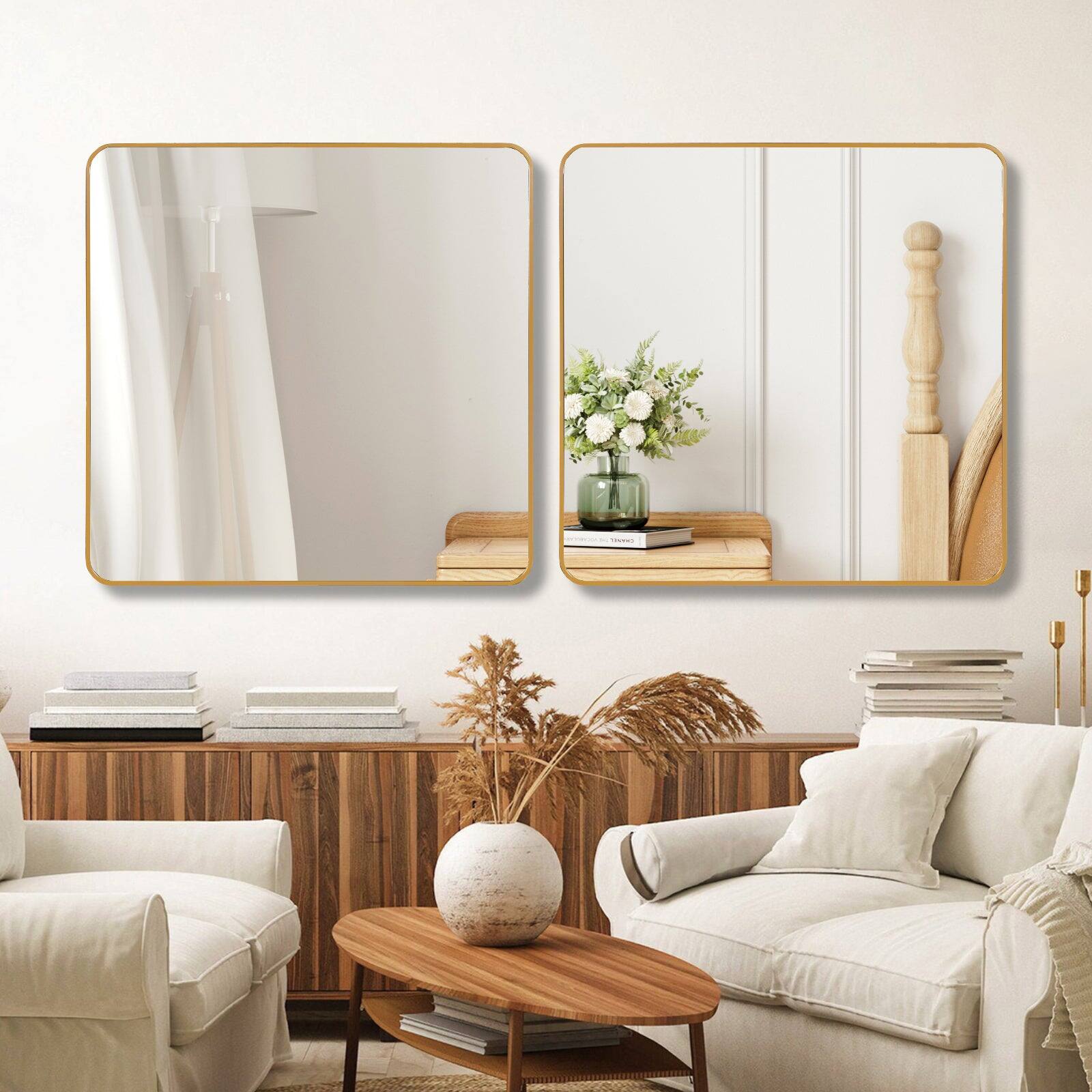 Left. BreeBe - 30 in x 30 in Gold Metal Framed Square Bathrrom Mirror for Wall. - Gold.