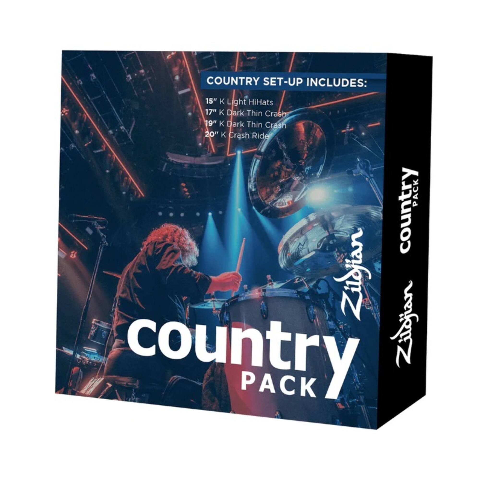 COUNTRY SET-UP INCLUDES:  
15" K Light HiHats  
17" K Dark Thin Crash  
19" K Dark Thin Crash  
20" K Crash Ride  

PACK  
Zildjian COUNTRY PACK