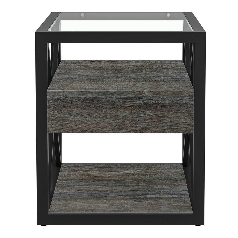 Alt View 8. Resenkos - Resenkos Industrial End Table With Drawer, Rustic MDF & Tempered Glass Top, Antique Wood Grain And Black - Gray.