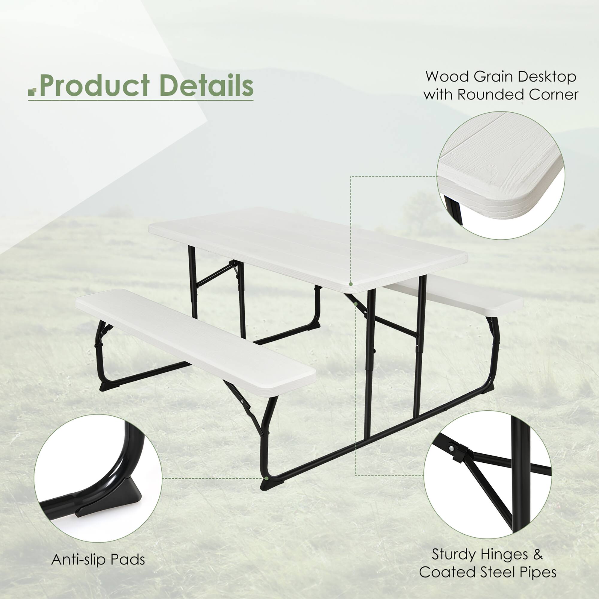 Product Details
Wood Grain Desktop with Rounded Corner
Anti-slip Pads
Sturdy Hinges & Coated Steel Pipes