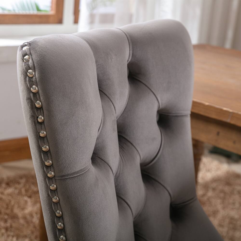 Alt View 4. Loheer - Loheer Gray Velvet Dining Chairs Set of 2 Tufted Solid Wood Upholstered Mid-Century Modern Seating with Nailhead Trim - Gray.